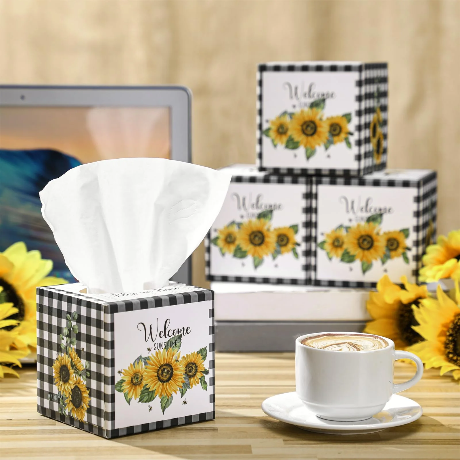 Fourluoo 12 Pack Summer Sunflower Facial Tissues Cube Boxes 600 Sheets 3 Ply Small Black and White Plaid Sunflower Face Tissues Bulk for Summer Car Bedroom Supplies - Image 2