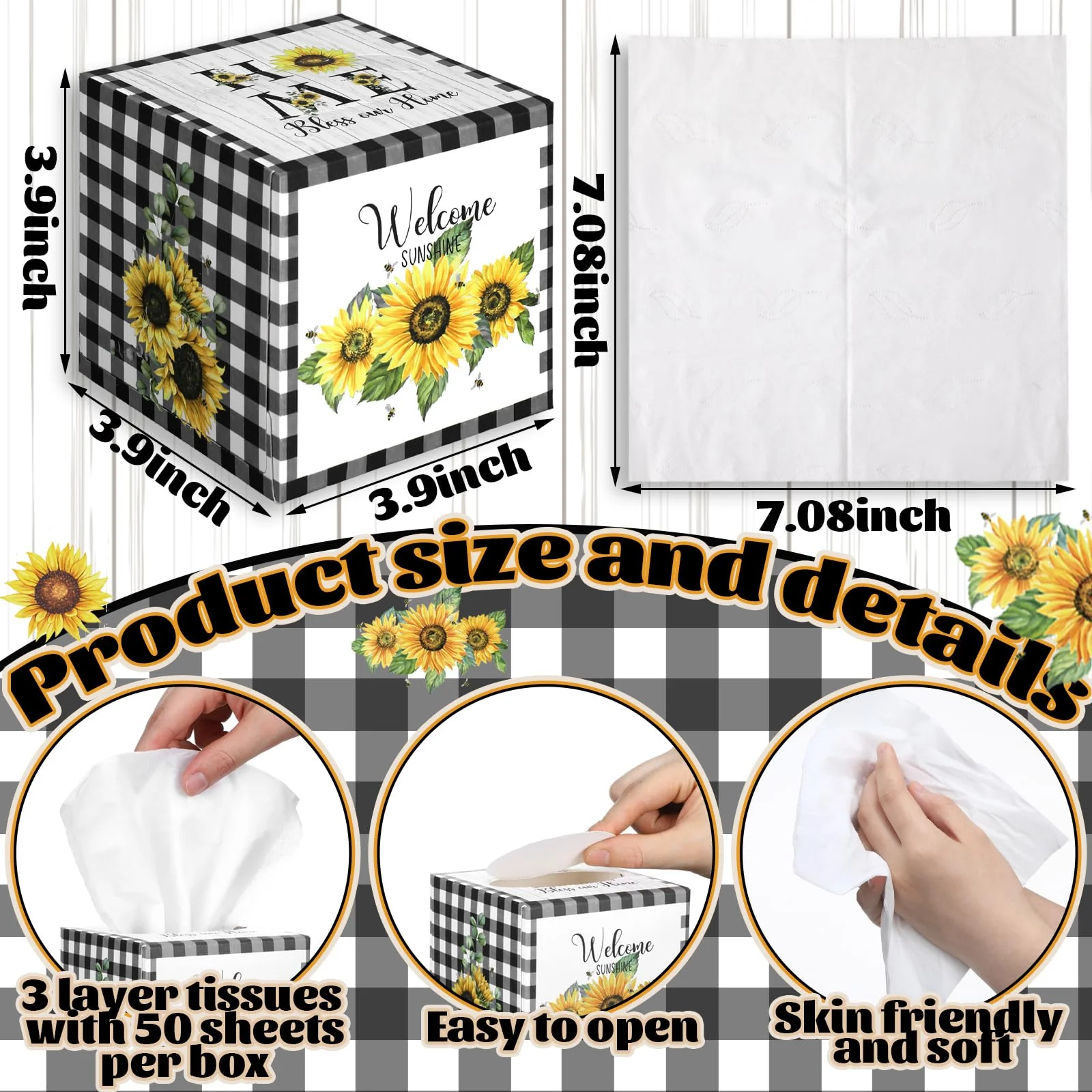 Fourluoo 12 Pack Summer Sunflower Facial Tissues Cube Boxes 600 Sheets 3 Ply Small Black and White Plaid Sunflower Face Tissues Bulk for Summer Car Bedroom Supplies - Image 6