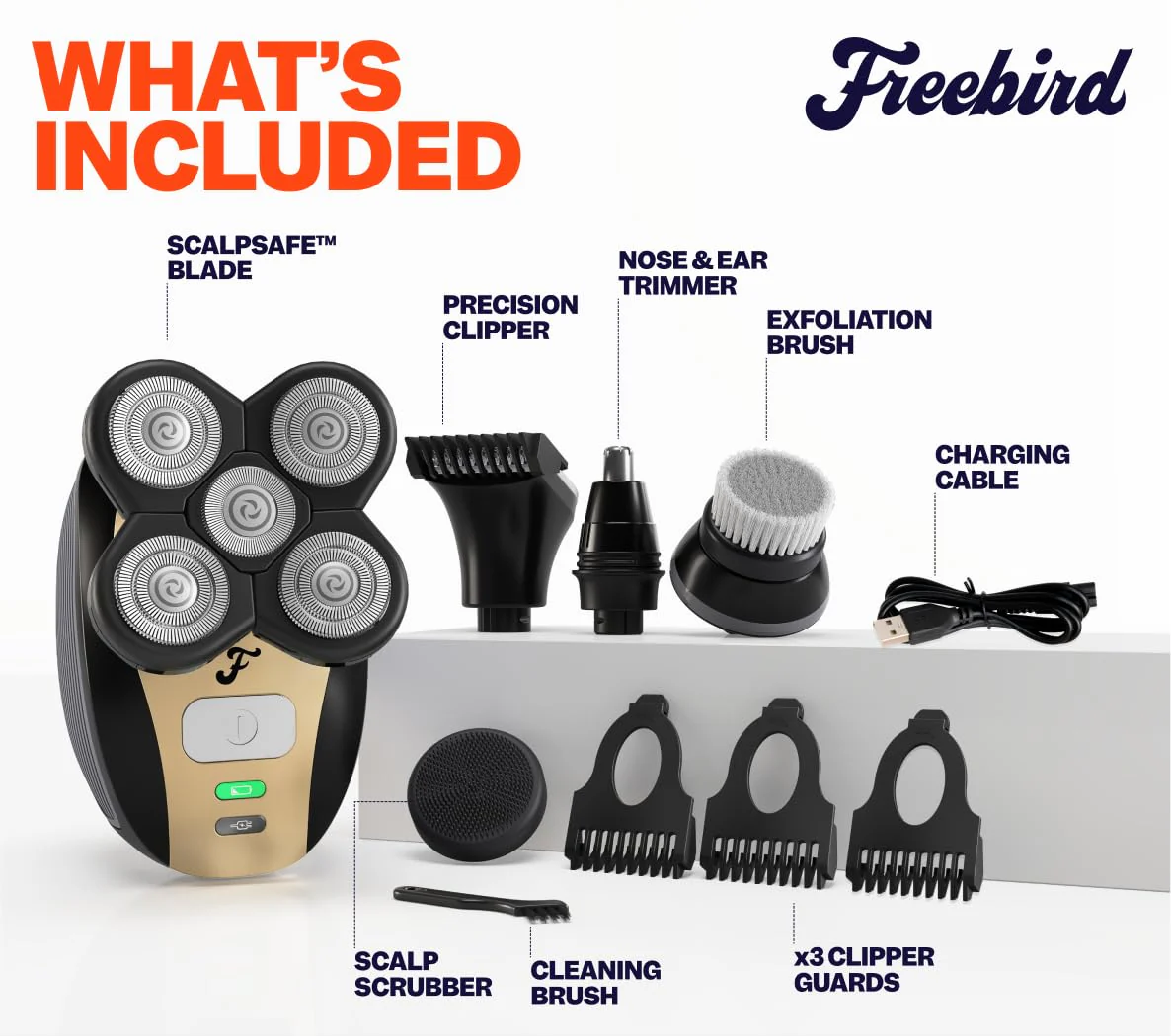Freebird FlexSeries Electric Head & Body Hair Shaver - Mens Cordless Rechargeable Wet/Dry Skull Bald Head Back & Groin Waterproof Razor with Rotary Blades, Clippers, Nose Trimmer, Brush, Massager - Image 3