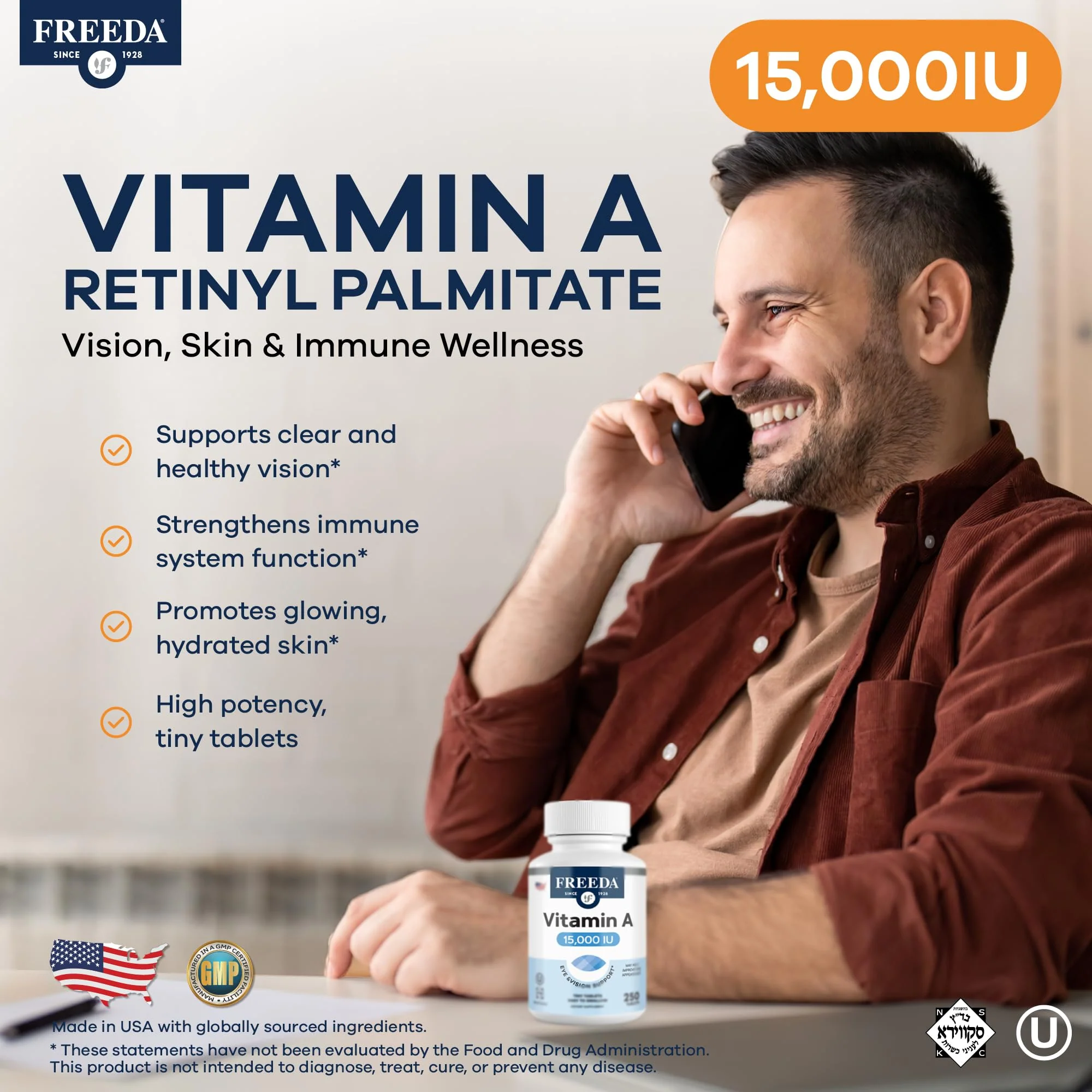 Freeda Vitamin A 15,000 IU – Retinyl Palmitate – Vegan, Kosher, No Fish – Eye, Vision, Immune & Skin Support – Tiny Easy-to-Swallow Tablets – VIT A Vitamina A Supplement – 250 Tablets - Image 9