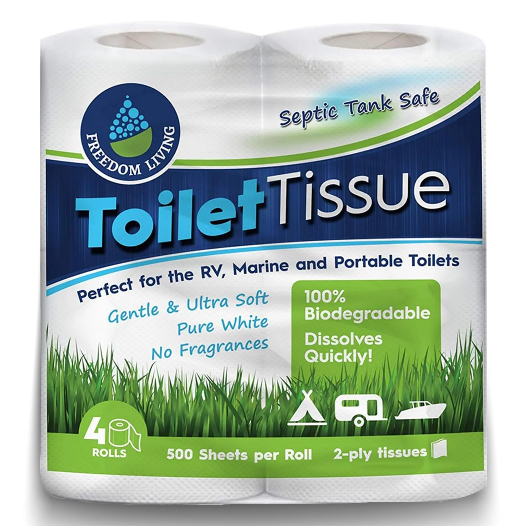 Freedom Living Septic Tank Safe Toilet Tissue for Campers and RVs Biodegradable Marine Toilet Paper for Boats, Fragrance-Free 2-Ply RV Toilet Paper (4 Rolls, 500 Sheets Each) - Image 2