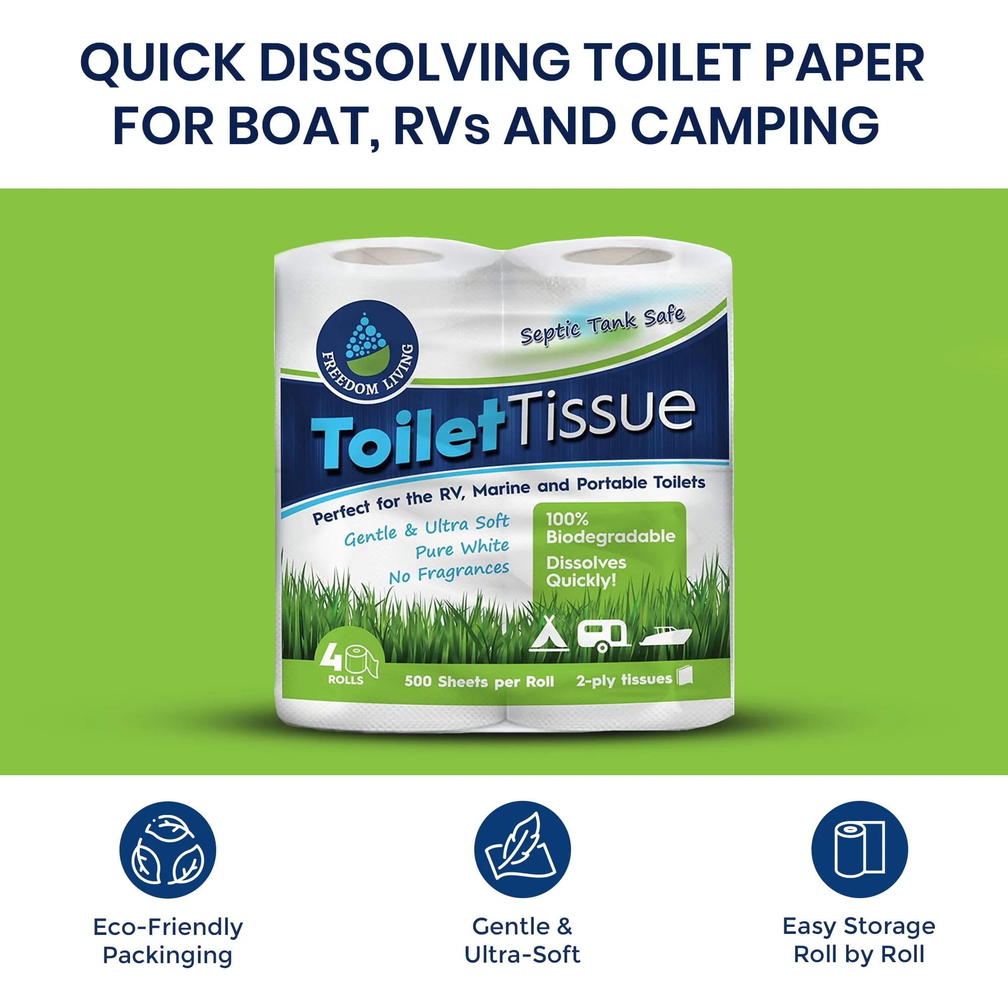 Freedom Living Septic Tank Safe Toilet Tissue for Campers and RVs Biodegradable Marine Toilet Paper for Boats, Fragrance-Free 2-Ply RV Toilet Paper (4 Rolls, 500 Sheets Each) - Image 9
