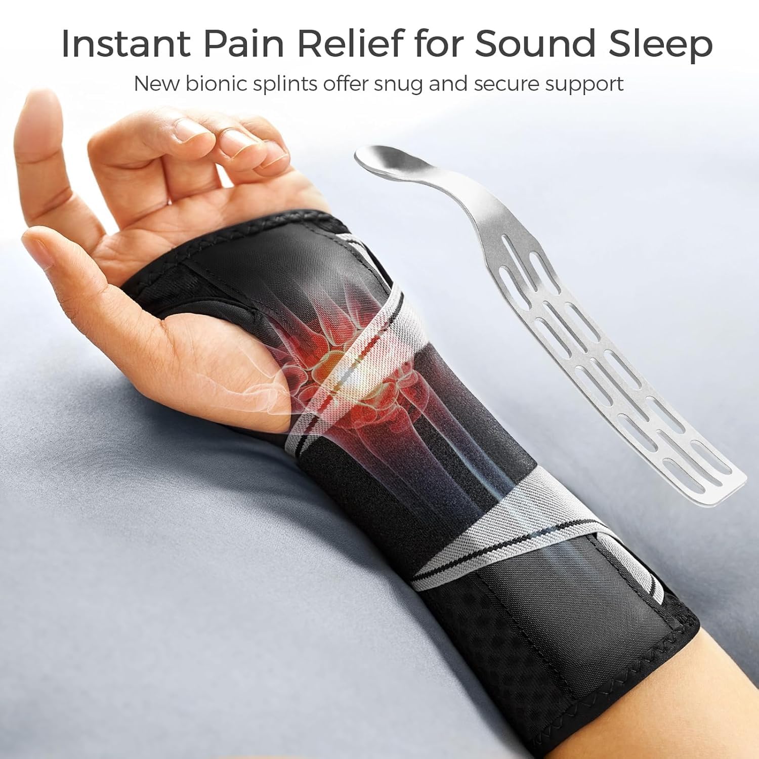 FREETOO Carpal Tunnel Wrist Brace Pro, Single-Pull Wrist Support for Sleeping with S Shape Splint, Lightweight Hand Brace for Women Men, Tendonitis, Arthritis Pain Relief, Black/Light Gray(Right,S/M) - Image 2
