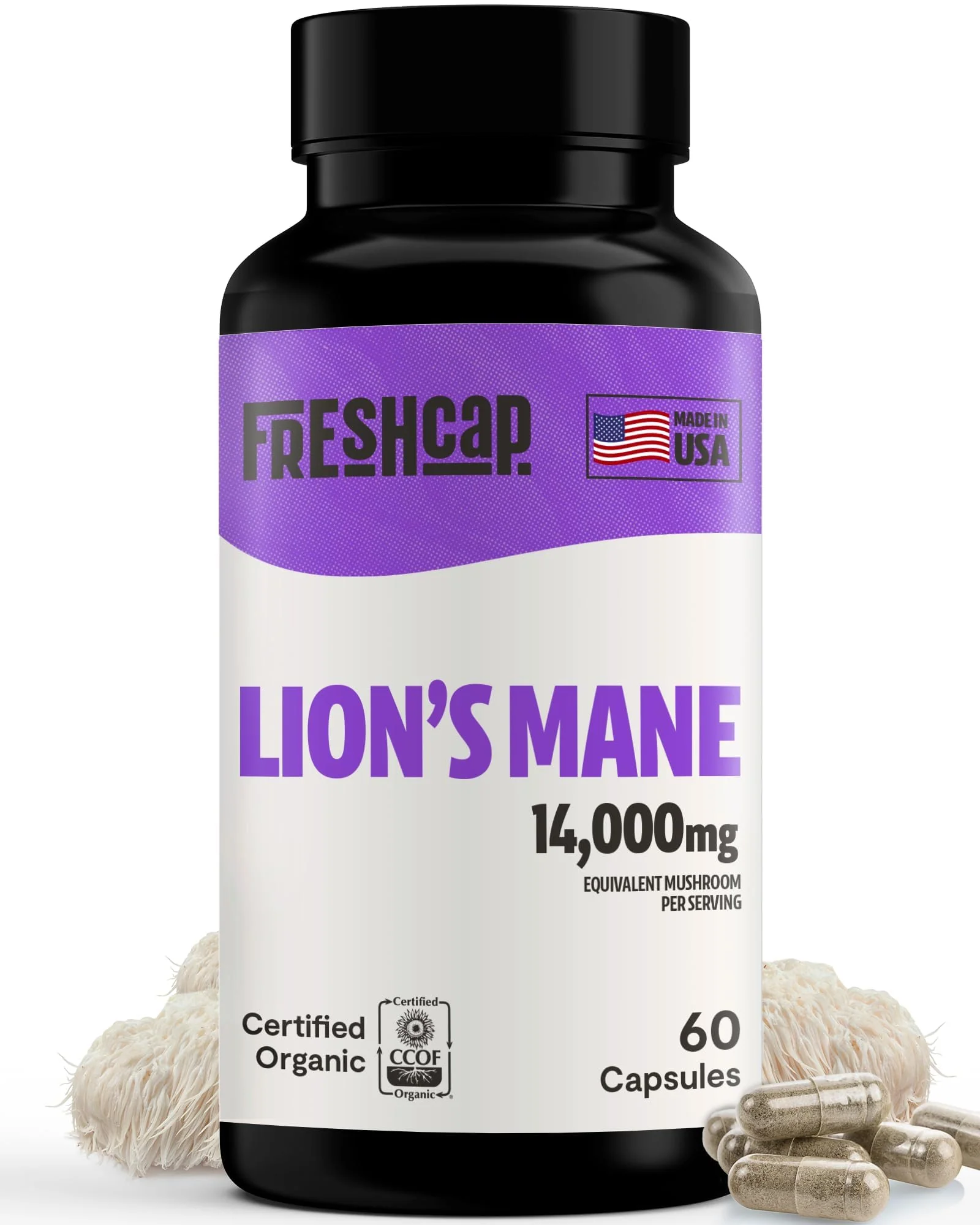 FreshCap Mushrooms Lions Mane Supplement Capsules - Lion's Mane, High Potency Extract, 14:1 Organic Mushroom Supplement, Ayurveda Focus Made in USA
