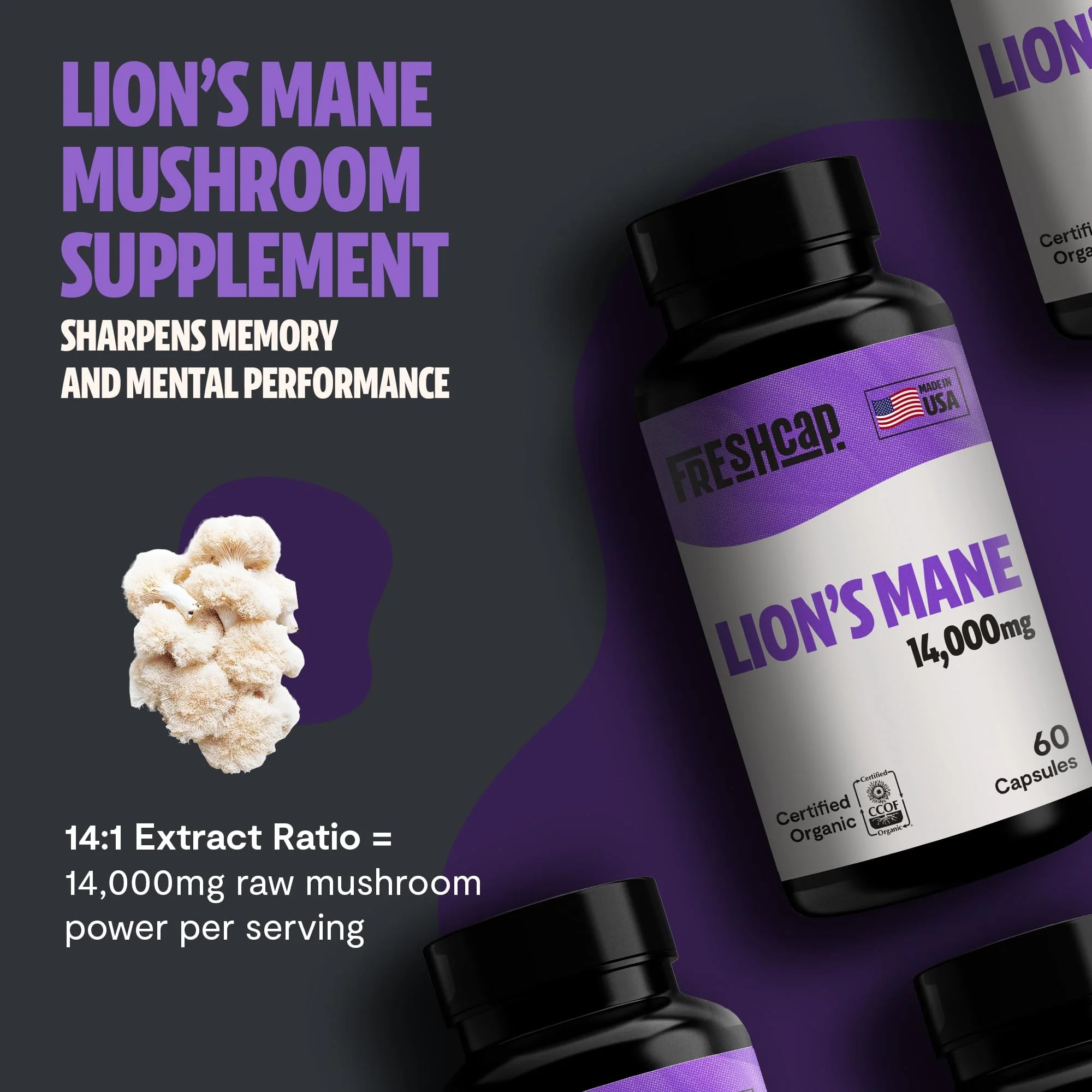 FreshCap Mushrooms Lions Mane Supplement Capsules - Lion's Mane, High Potency Extract, 14:1 Organic Mushroom Supplement, Ayurveda Focus Made in USA - Image 2