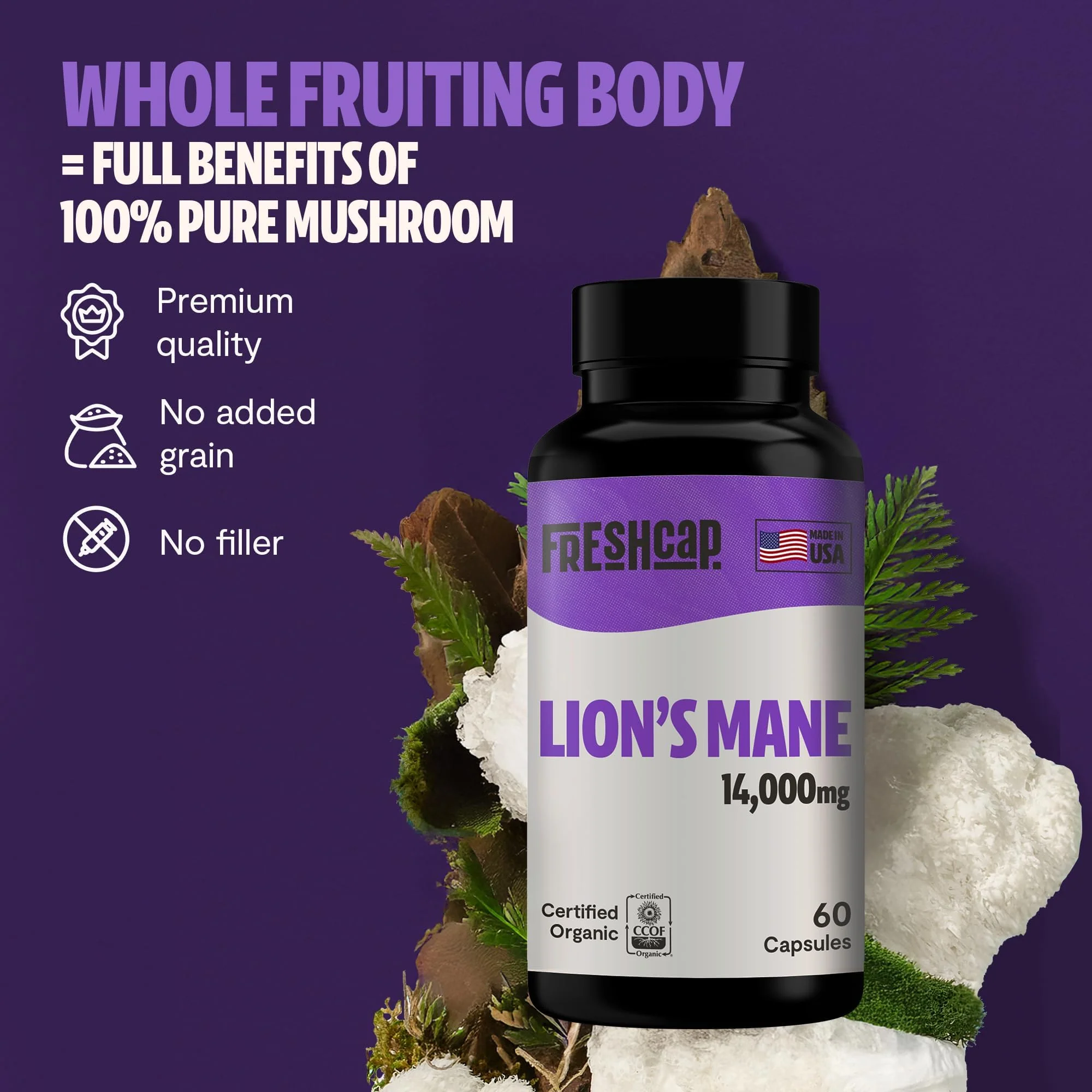 FreshCap Mushrooms Lions Mane Supplement Capsules - Lion's Mane, High Potency Extract, 14:1 Organic Mushroom Supplement, Ayurveda Focus Made in USA - Image 5