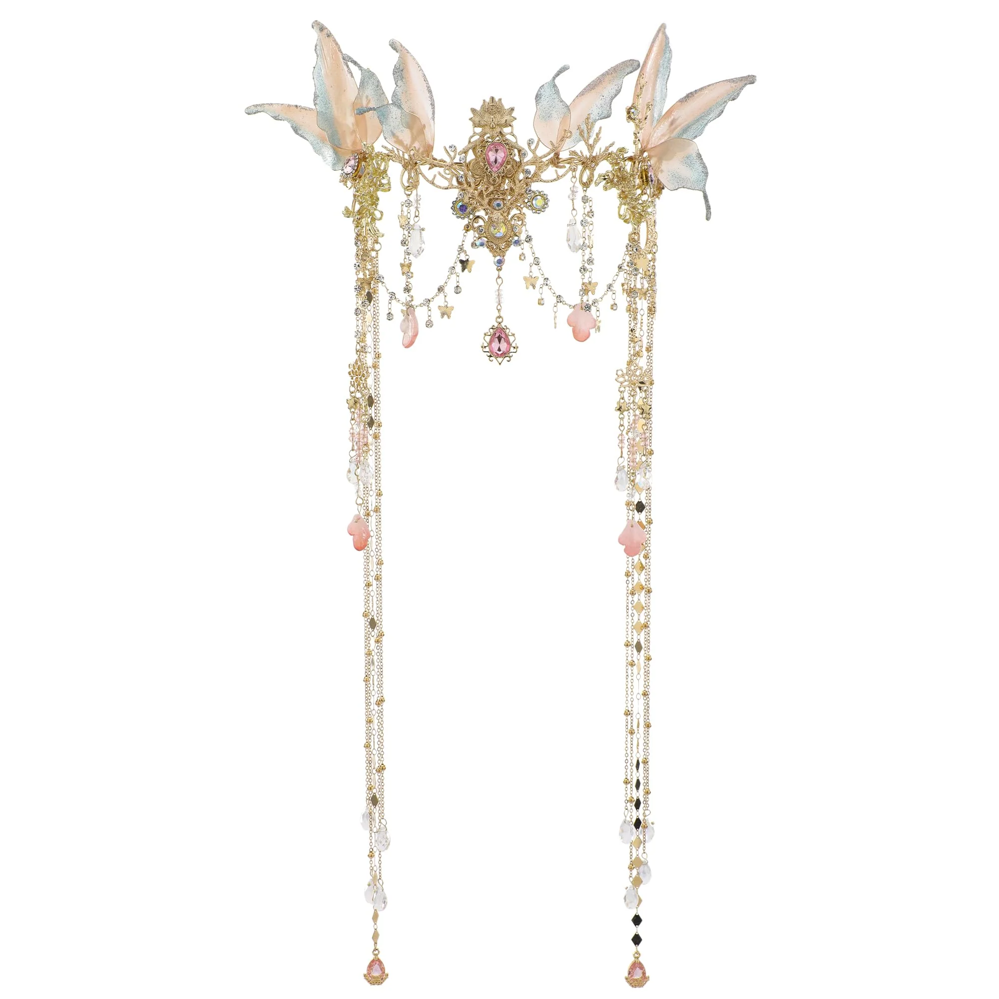 FRESHME Renaissance Butterfly Elf Fairy Crown - Fairy Headband with Pink Butterfly Wings Elf Headpiece with Tassel Elven Tiara Wedding Renfaire Dress Up Cosplay Christmas Accessories for Women - Image 4