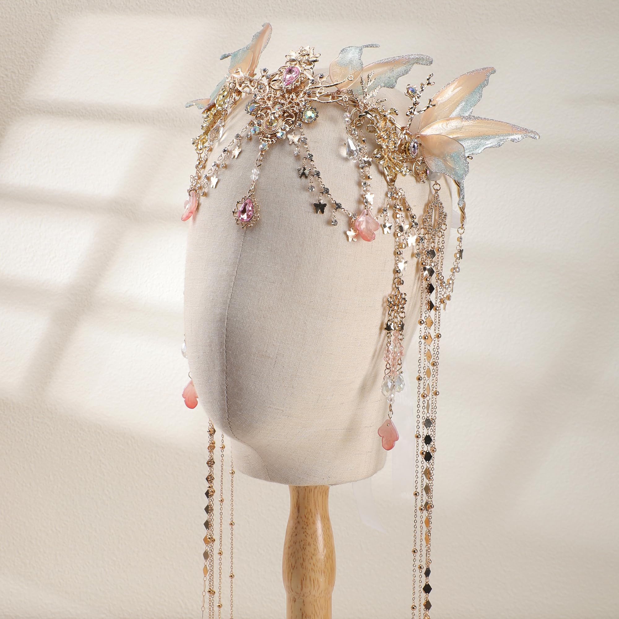 FRESHME Renaissance Butterfly Elf Fairy Crown - Fairy Headband with Pink Butterfly Wings Elf Headpiece with Tassel Elven Tiara Wedding Renfaire Dress Up Cosplay Christmas Accessories for Women - Image 5