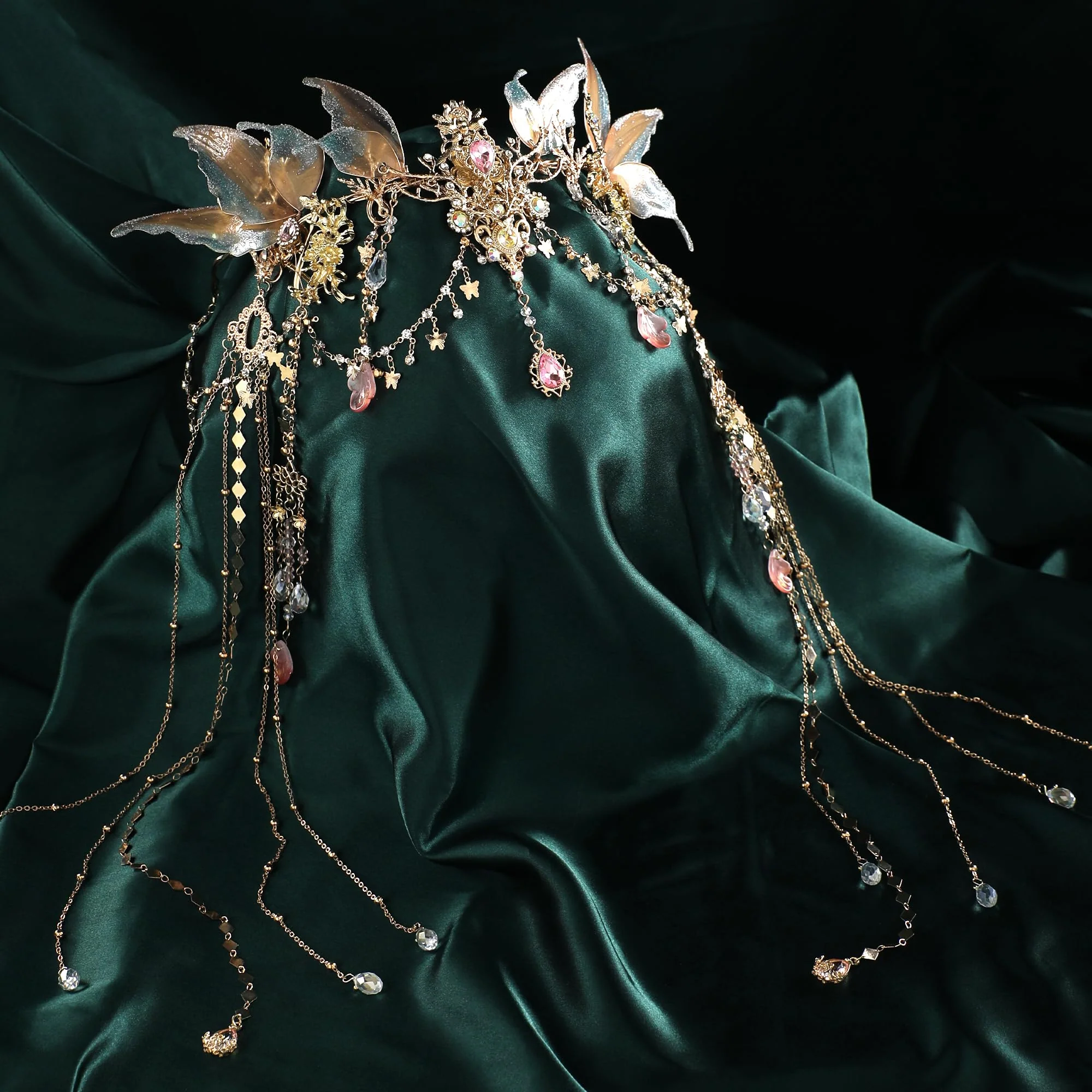 FRESHME Renaissance Butterfly Elf Fairy Crown - Fairy Headband with Pink Butterfly Wings Elf Headpiece with Tassel Elven Tiara Wedding Renfaire Dress Up Cosplay Christmas Accessories for Women - Image 6