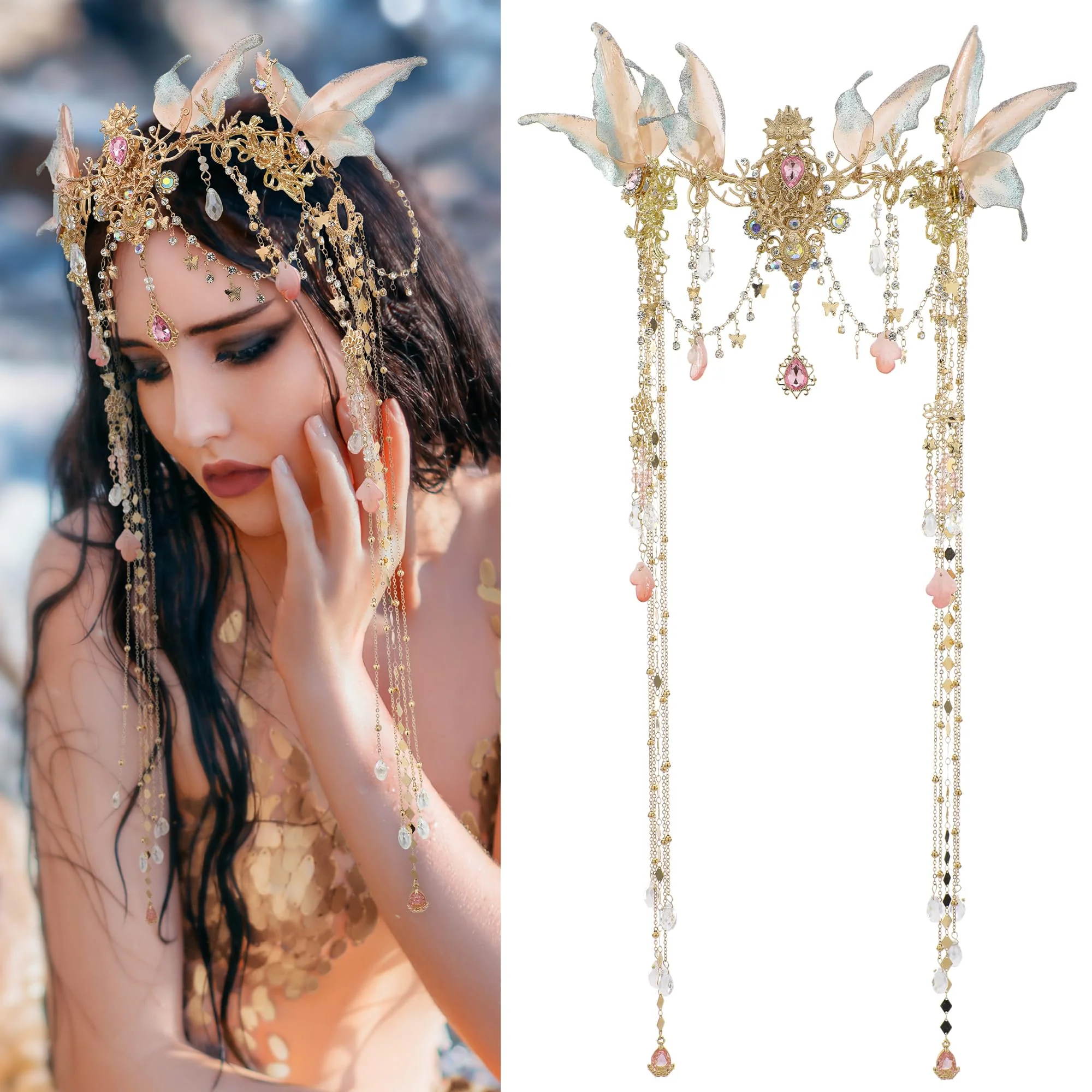 FRESHME Renaissance Butterfly Elf Fairy Crown - Fairy Headband with Pink Butterfly Wings Elf Headpiece with Tassel Elven Tiara Wedding Renfaire Dress Up Cosplay Christmas Accessories for Women - Image 8