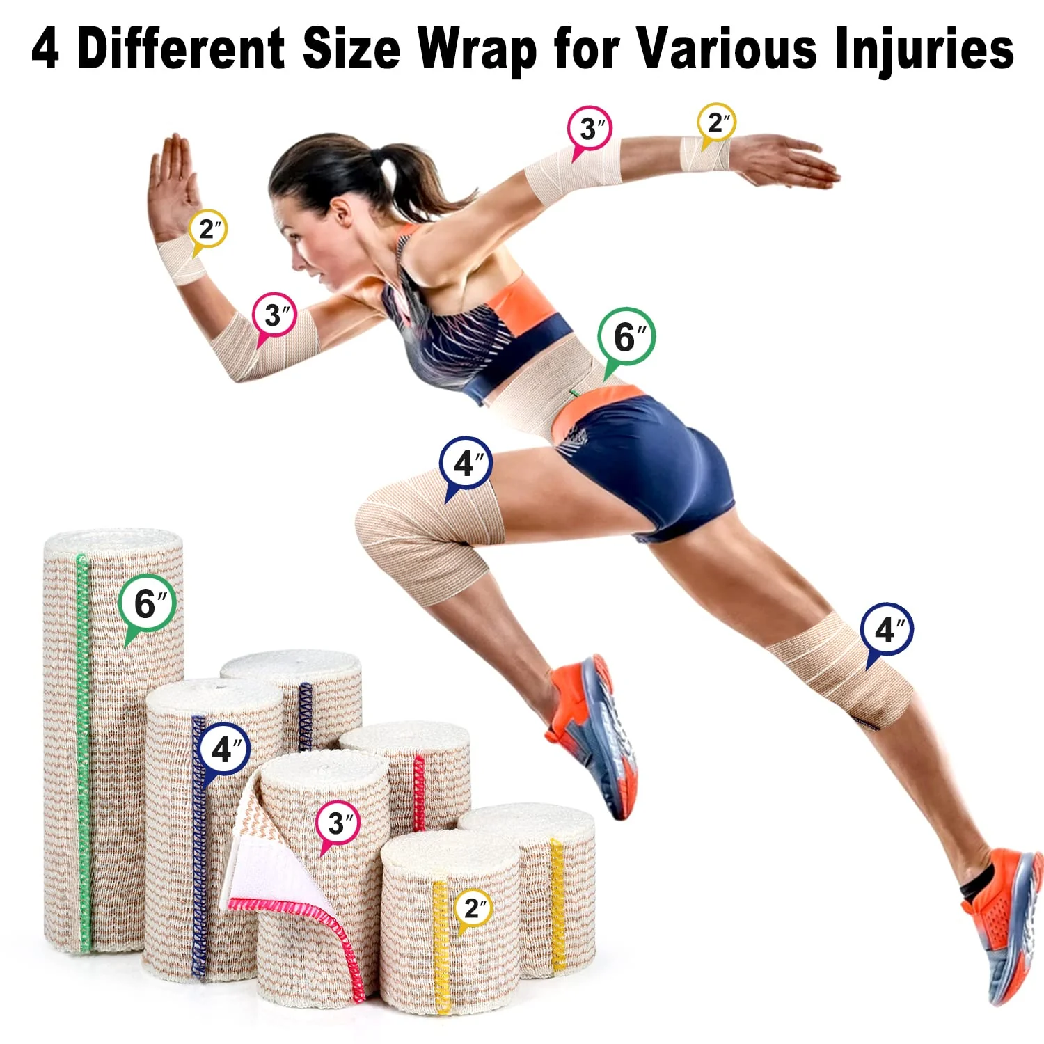 FRESINIDER Premium Elastic Bandage Wrap, 6 Pack (2x2, 2x4, 2x6) Cotton Compression Bandage with Touch Closure at Both Ends, Support & First Aid, Medical, and Injury Recovery - Image 5