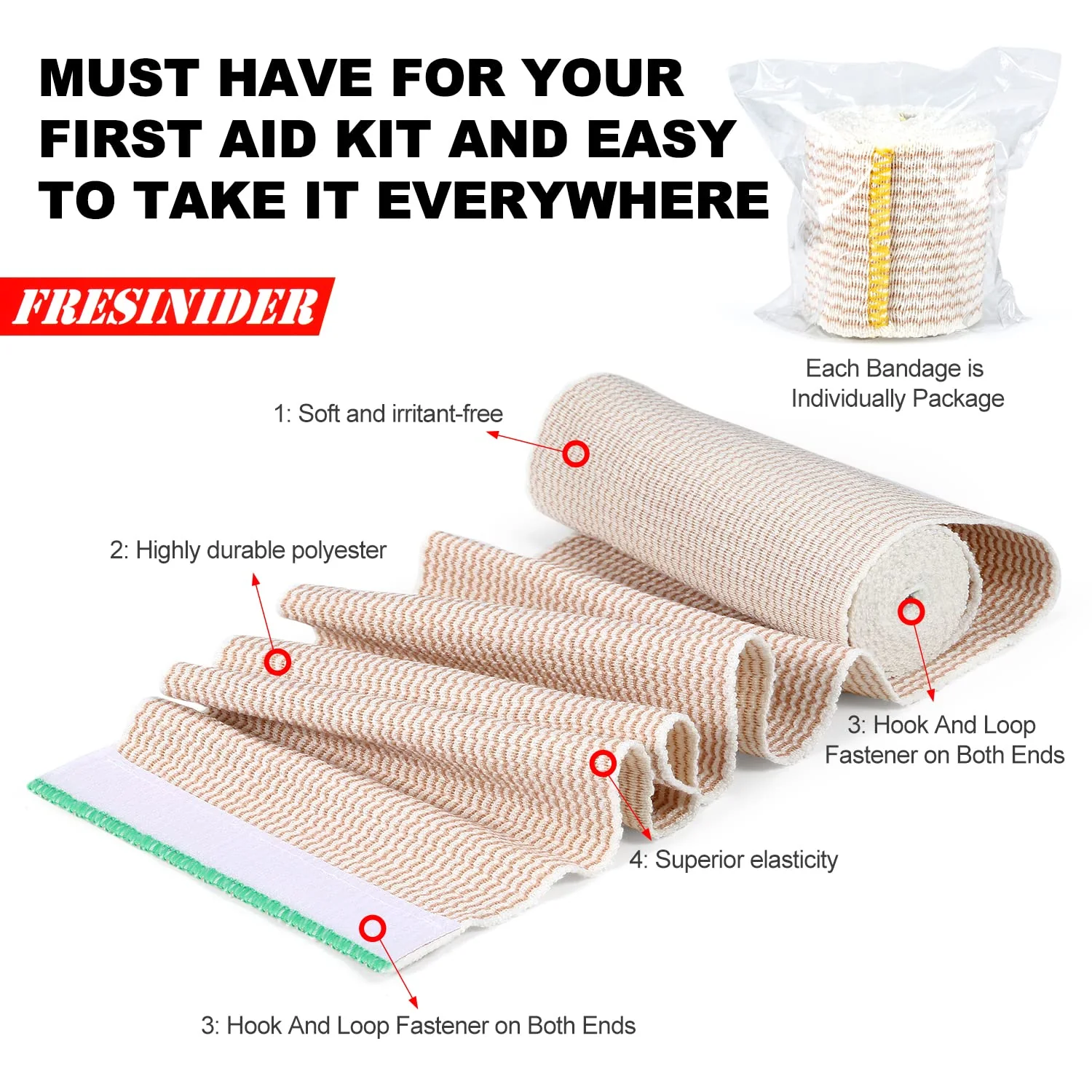 FRESINIDER Premium Elastic Bandage Wrap, 6 Pack (2x2, 2x4, 2x6) Cotton Compression Bandage with Touch Closure at Both Ends, Support & First Aid, Medical, and Injury Recovery - Image 6