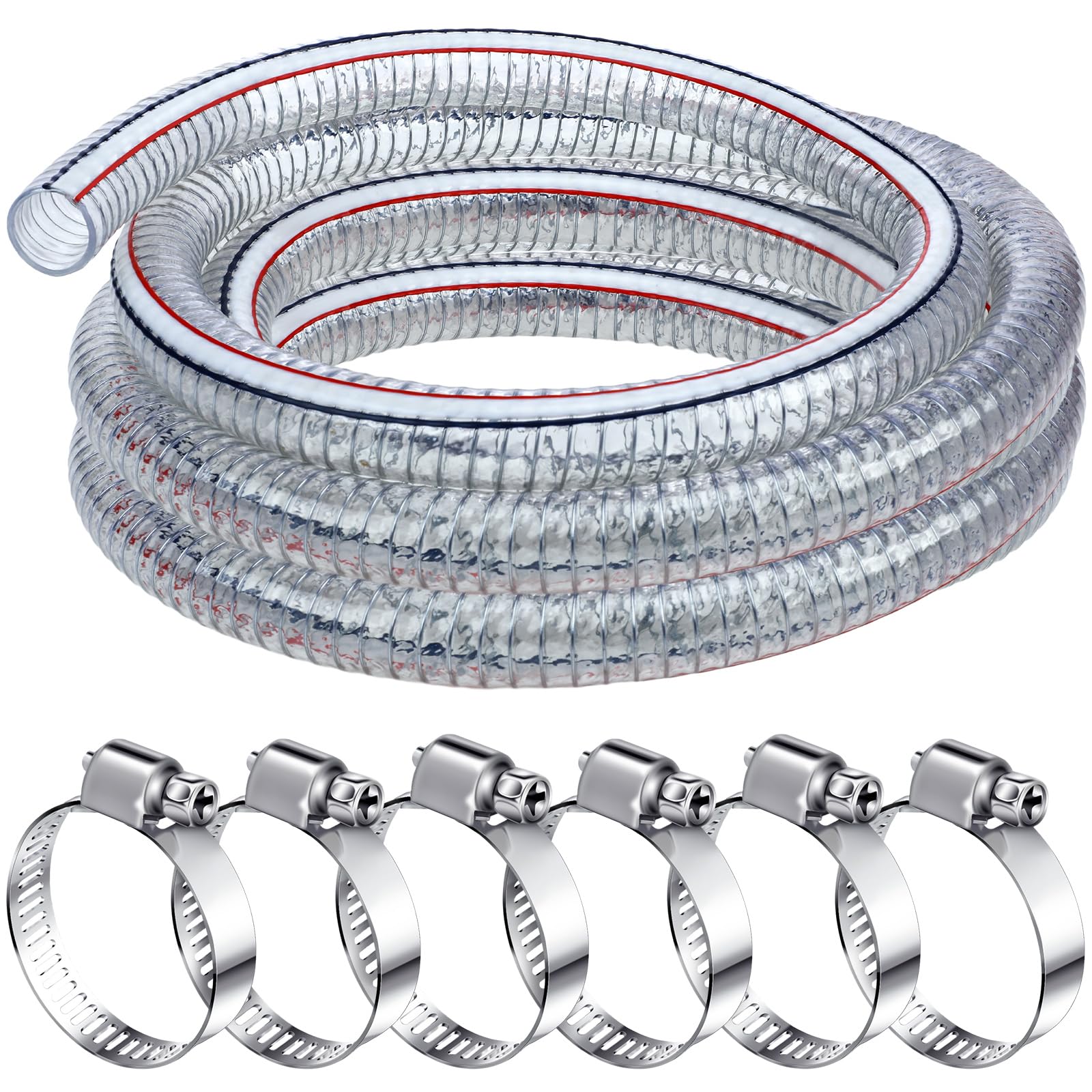 Frienda Heavy Duty Steel Wire Flexible Tubing with Fasteners PVC High Pressure Oil Drain Hose Tube Clear Wire Reinforced for Pond Marine Bilge Pump Garden Pool(10 Ft, 1-1/2 Inch Id)