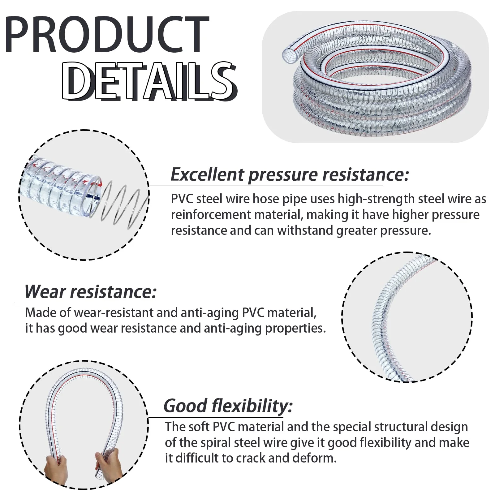 Frienda Heavy Duty Steel Wire Flexible Tubing with Fasteners PVC High Pressure Oil Drain Hose Tube Clear Wire Reinforced for Pond Marine Bilge Pump Garden Pool(10 Ft, 1-1/2 Inch Id) - Image 7