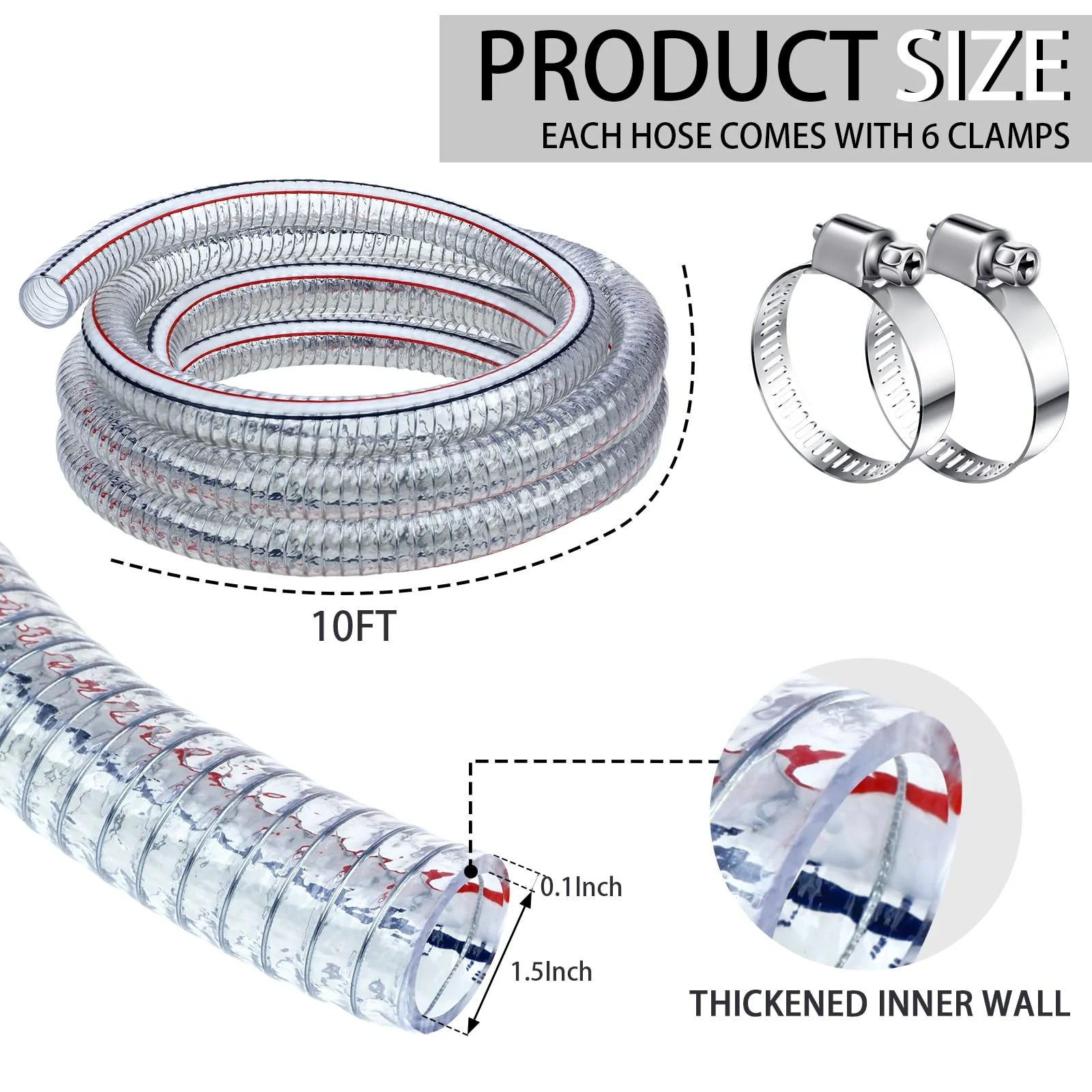 Frienda Heavy Duty Steel Wire Flexible Tubing with Fasteners PVC High Pressure Oil Drain Hose Tube Clear Wire Reinforced for Pond Marine Bilge Pump Garden Pool(10 Ft, 1-1/2 Inch Id) - Image 8