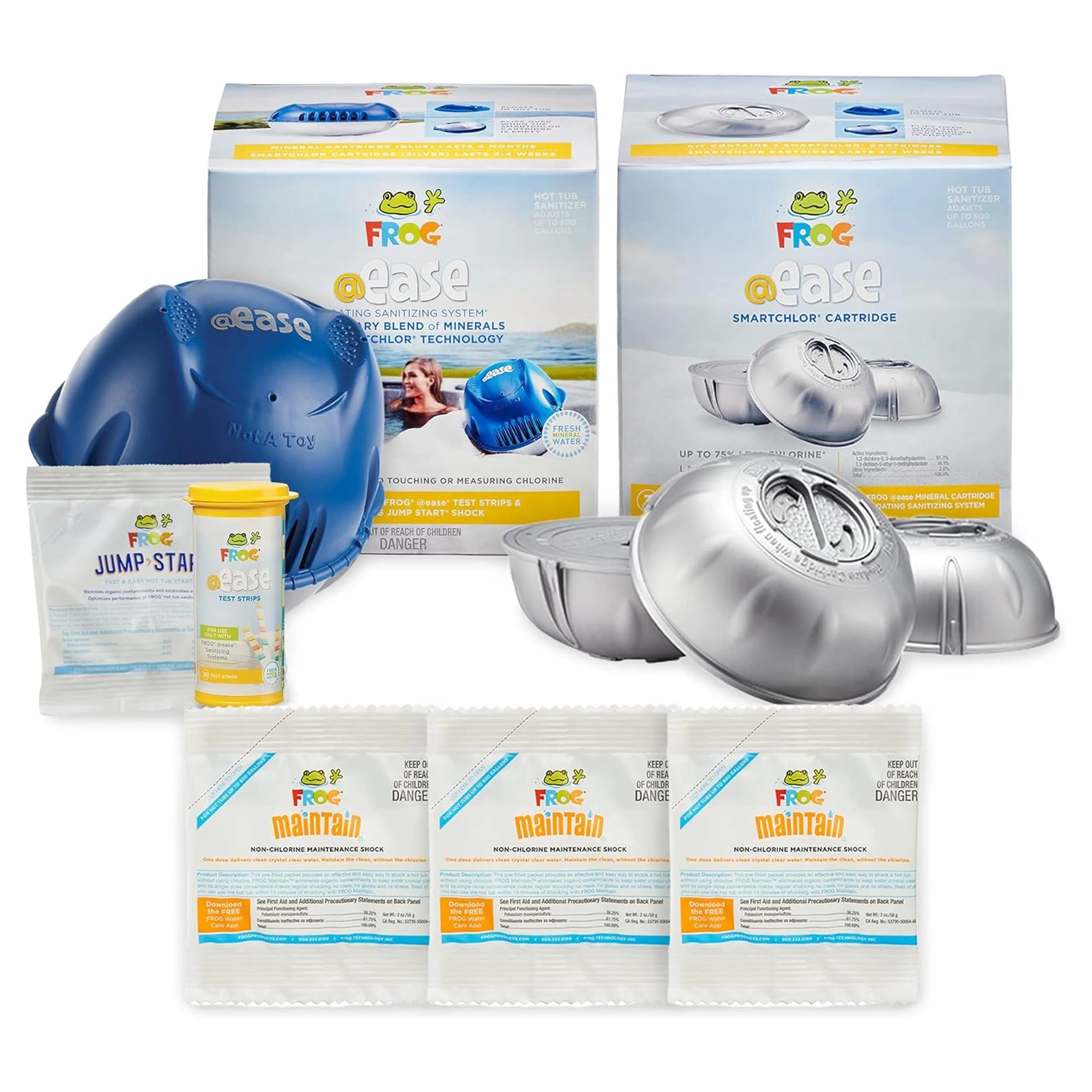 FROG @Ease Floating System for Hot Tubs - Quick & Easy Self-Regulating Hot Tub Sanitizer - Hot Tub Maintenance System with Sanitizing Minerals & SmartChlor Technology - 4 Month Bundle+