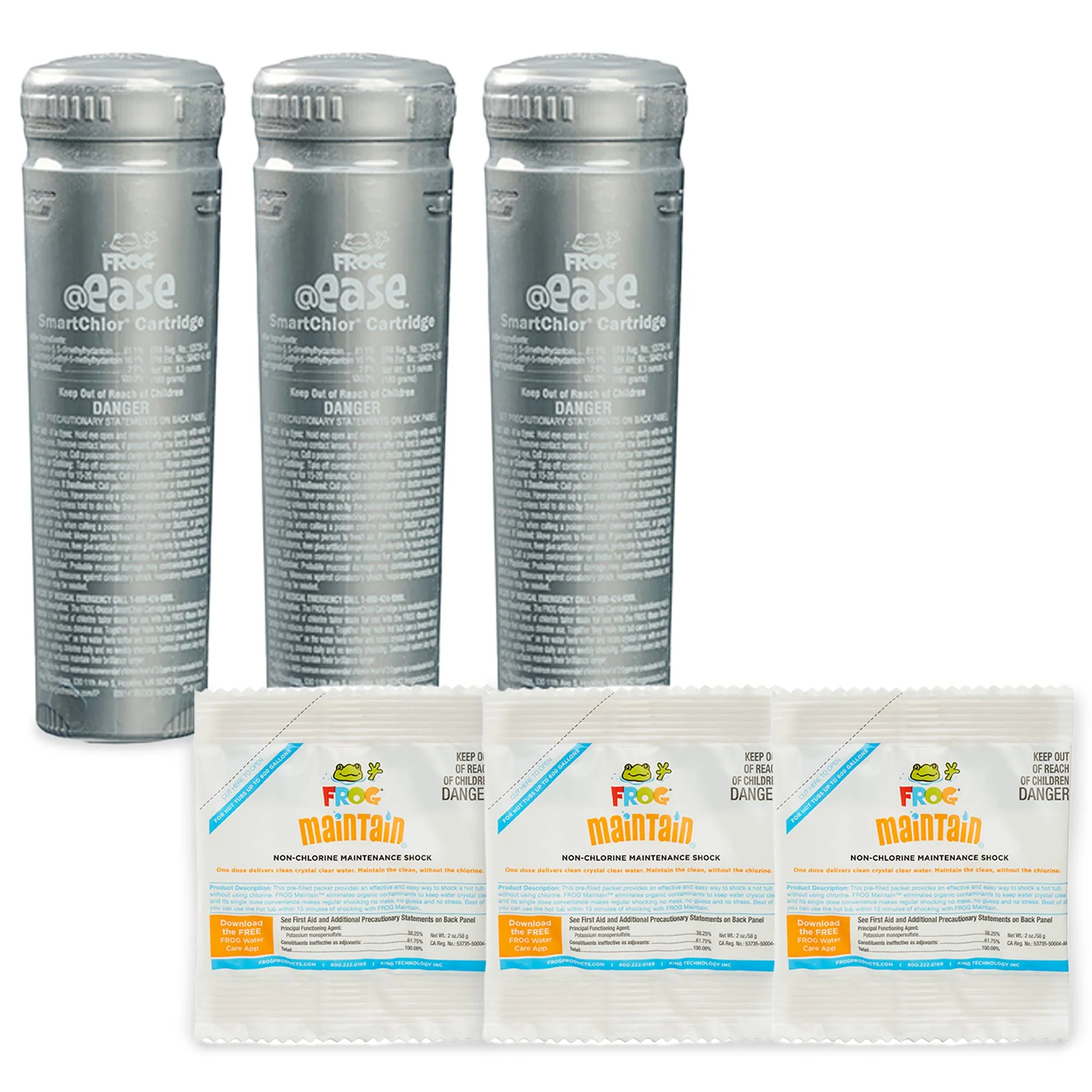 FROG @Ease in-Line SmartChlor Replacement Cartridge 3 Pack + 3 Packets of FROG Maintain Non-Chlorine Shock Treatment for Hot Tubs, Cyanuric Acid Free, for use in spas up to 600 gallons