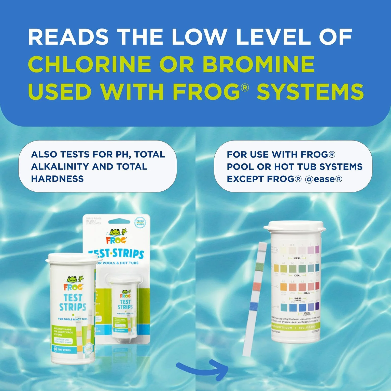 FROG Test Strips for Pools and Hot Tubs - Accurate Indicator for Free Chlorine or Bromine Levels, pH, Total Alkalinity and Total Hardness - Easy Water Testing - 50 Test Strips - 2 Pack - Image 4