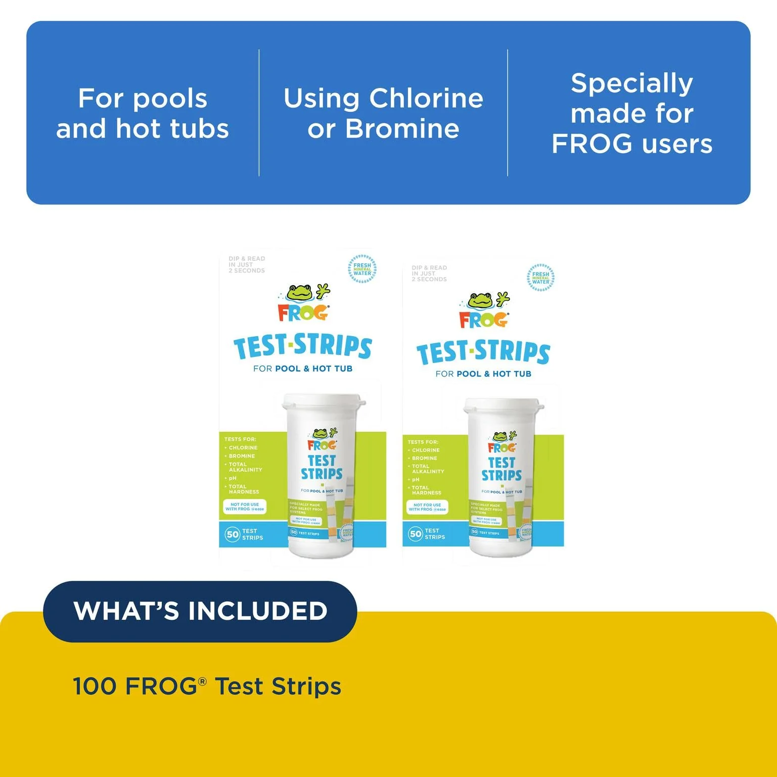 FROG Test Strips for Pools and Hot Tubs - Accurate Indicator for Free Chlorine or Bromine Levels, pH, Total Alkalinity and Total Hardness - Easy Water Testing - 50 Test Strips - 2 Pack - Image 7