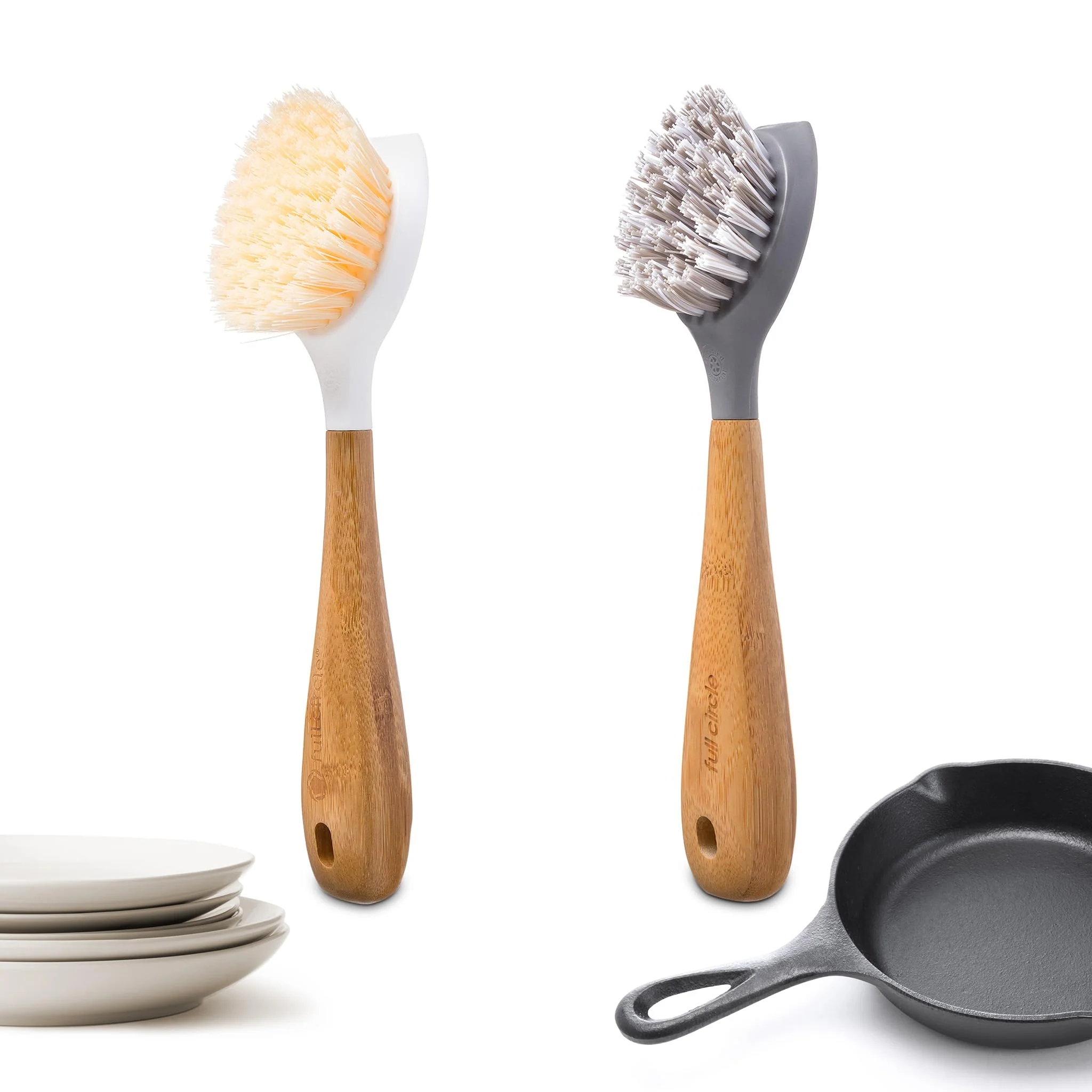 Full Circle Double Dish Brush Set – Durable Scrub Brushes for Dishes, Pots, Pans, and Cast Iron, Includes Be Good & Tenacious C, Sustainable 2-Pack