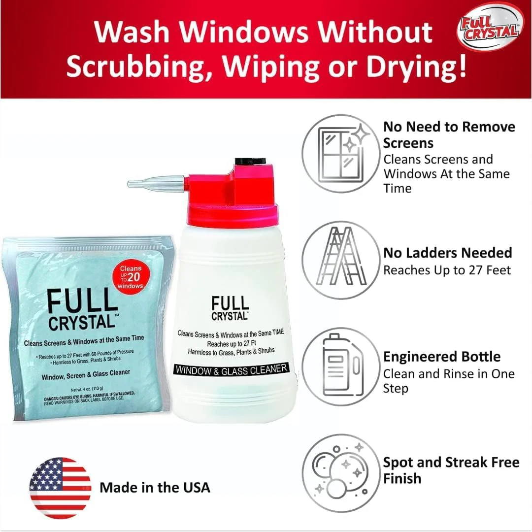 Full Crystal Window Cleaning Kit – 8 oz Glass Cleaner and Bottle with 27 ft Reach, Each 4 oz Bag Makes Up to 640 fl oz, Cleans Up to 40 Windows, Scrub-Free, Rinse-Free - Image 2