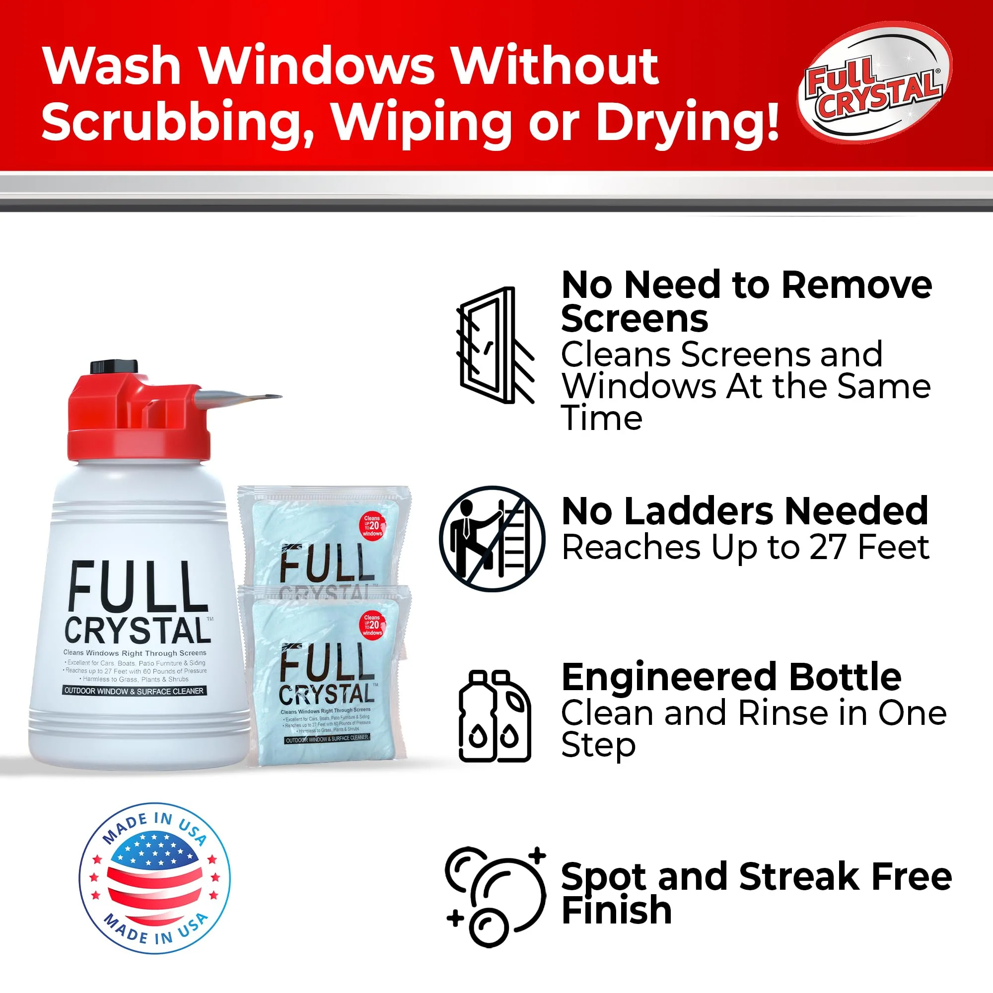 Full Crystal Window Cleaning Kit – 8 oz Glass Cleaner and Bottle with 27 ft Reach, Each 4 oz Bag Makes Up to 640 fl oz, Cleans Up to 40 Windows, Scrub-Free, Rinse-Free - Image 6