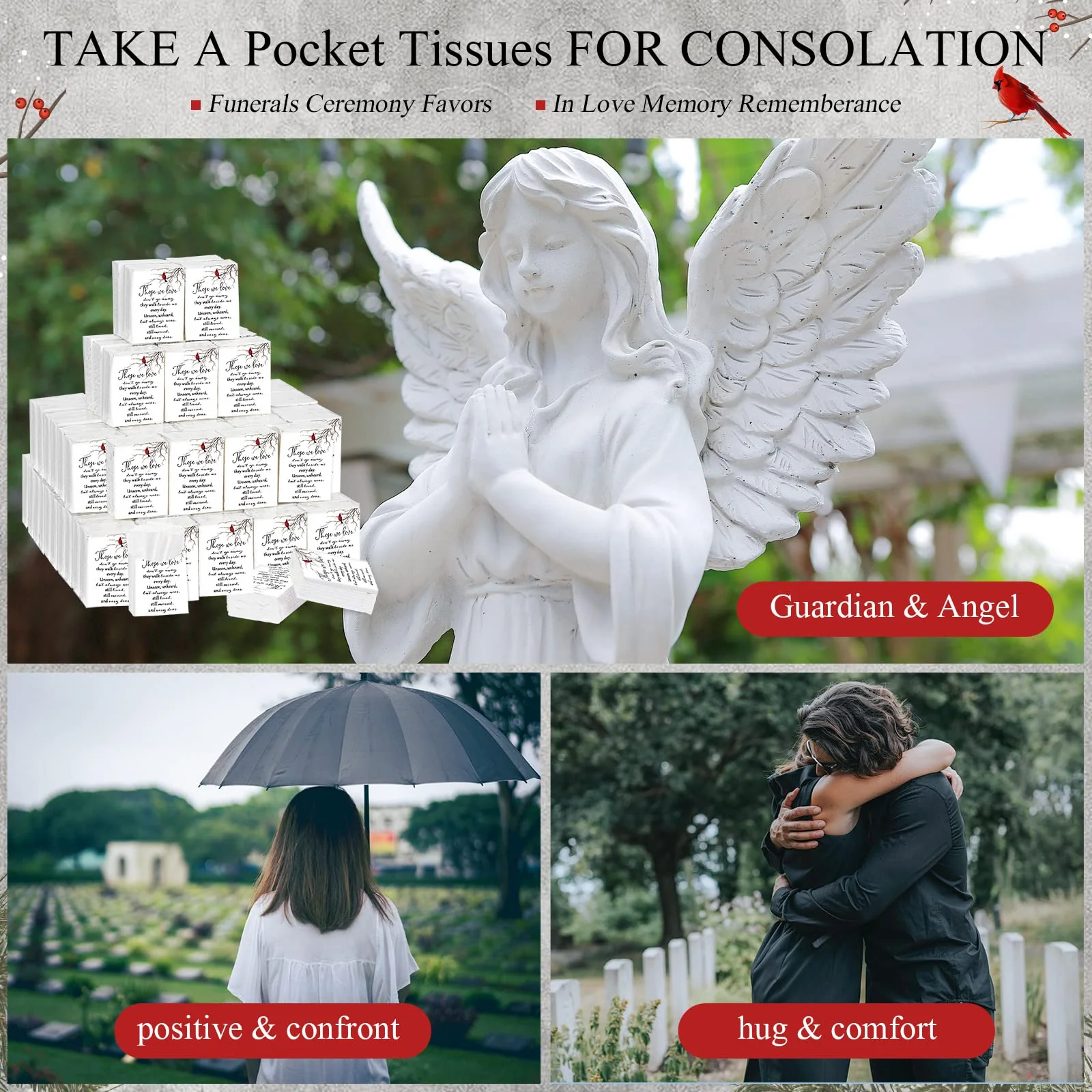 Fumete 100 Packs Tissue Paper for Funeral Memorial Tissues Packs for Guests Pocket Napkins Those We Love Don't Go Away 3 Ply 700 Sheets Napkins Wedding Supplies for Family(Cardinal) - Image 2