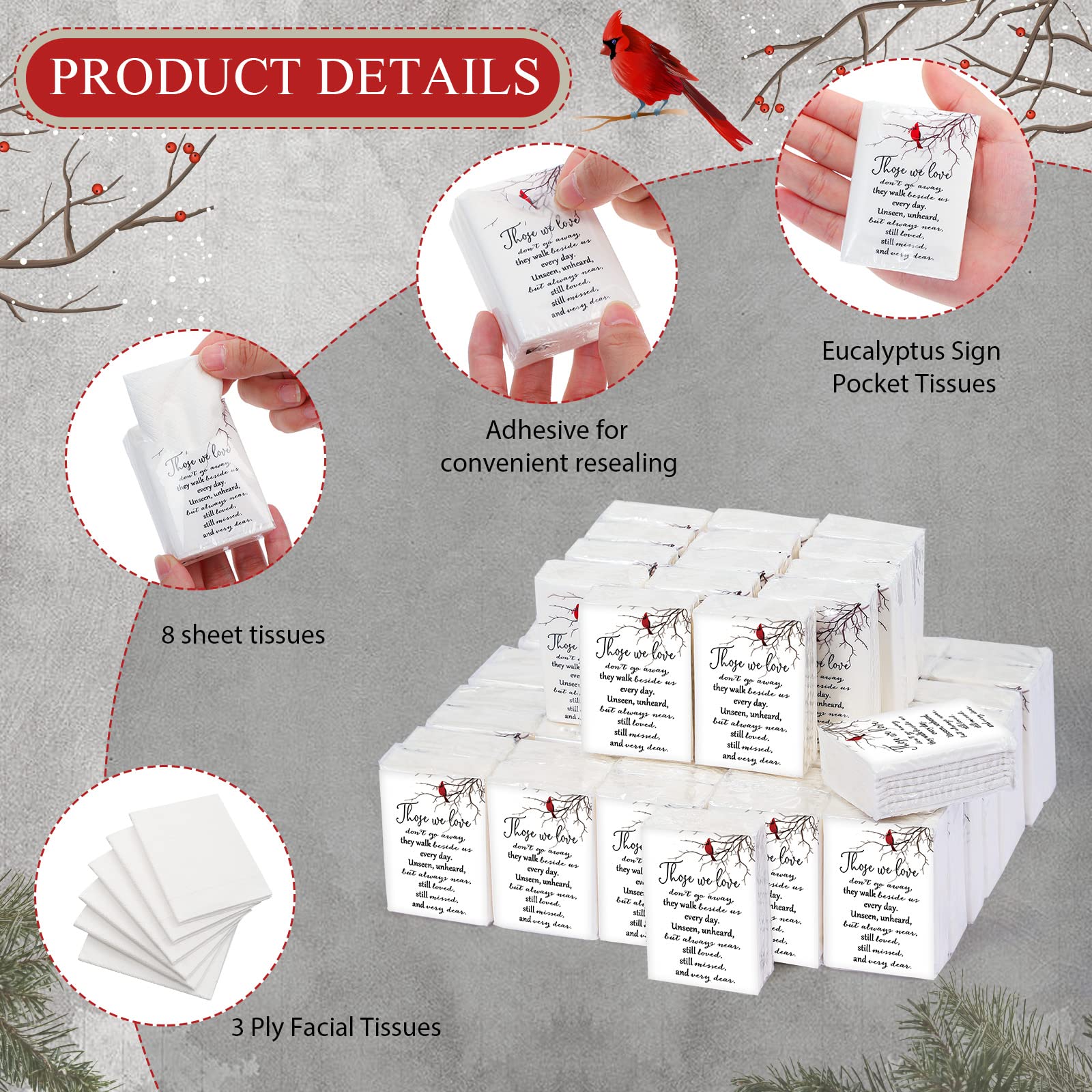 Fumete 100 Packs Tissue Paper for Funeral Memorial Tissues Packs for Guests Pocket Napkins Those We Love Don't Go Away 3 Ply 700 Sheets Napkins Wedding Supplies for Family(Cardinal) - Image 6