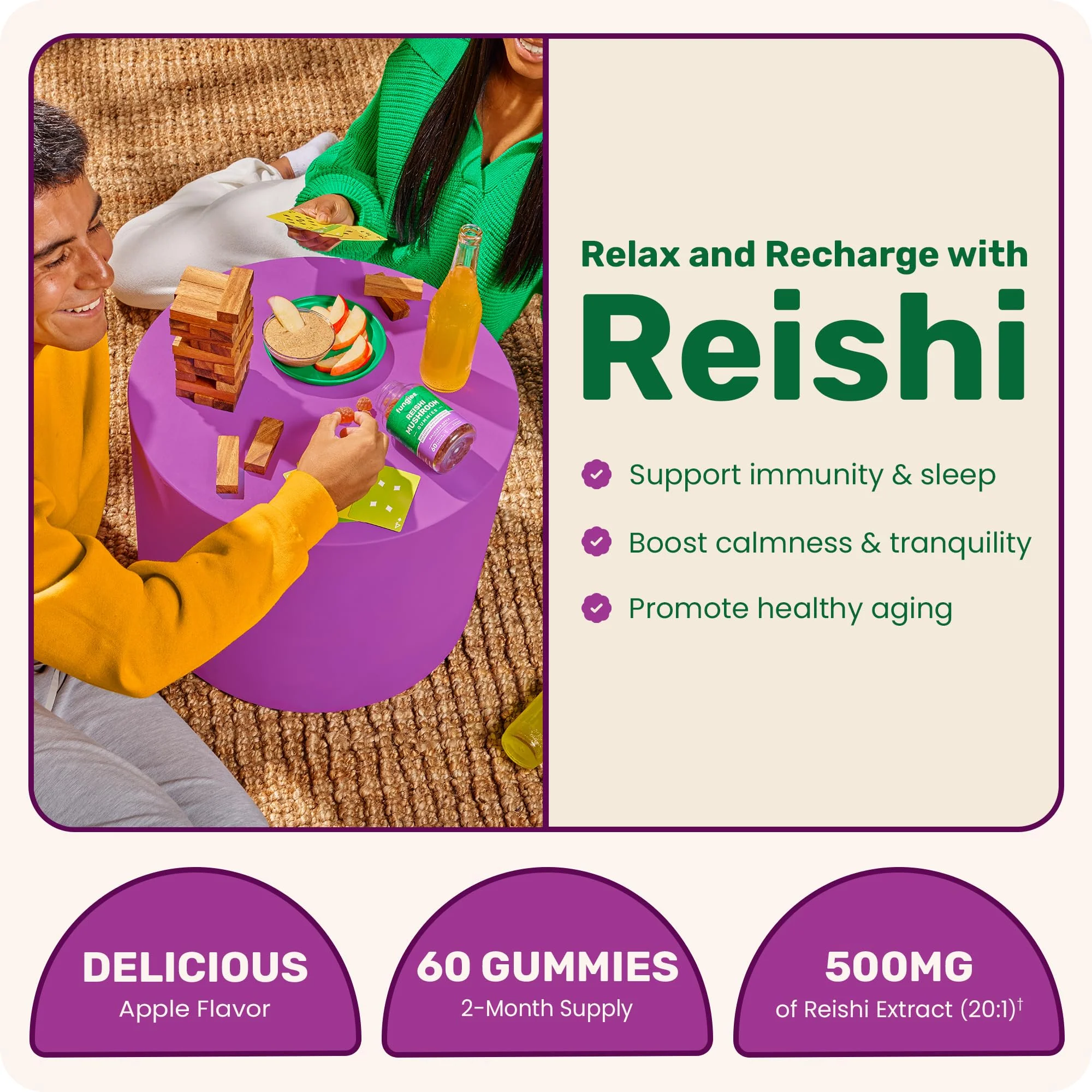 Fungies Reishi Mushroom Gummies, Delicious Apple Flavor - Mushroom Herbal Supplement Gummy for Adults Supports Immune Health, Relaxation & Healthy Aging - Calming Gummies for Sleep - 60 Servings - Image 2