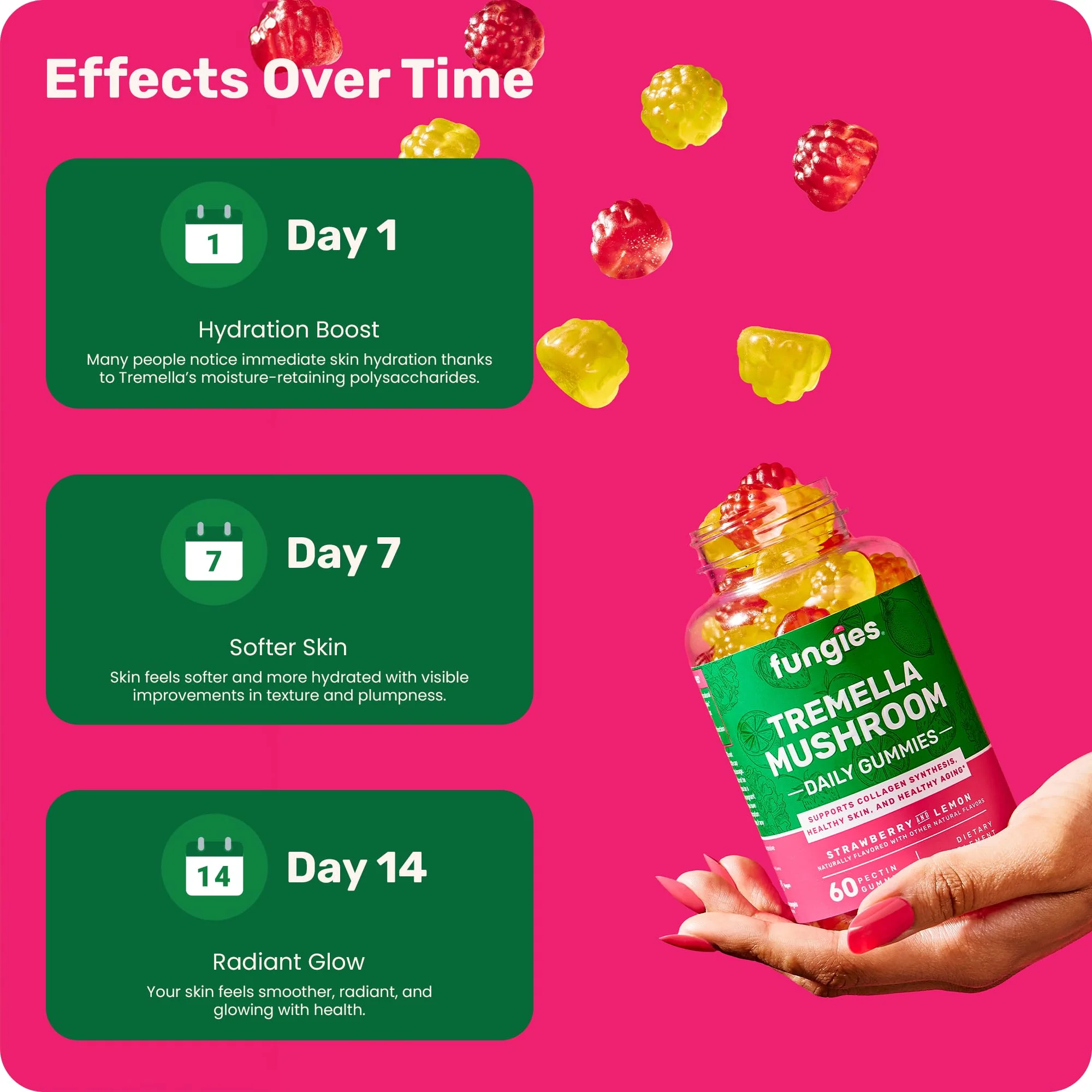 Fungies Tremella Mushroom Gummies, Mixed Strawberry & Lemon Flavor - Mushroom Herbal Supplement Gummy for Adults Supports Collagen Synthesis, Healthy Skin & Healthy Aging - Beauty Gummies 60 Servings - Image 4