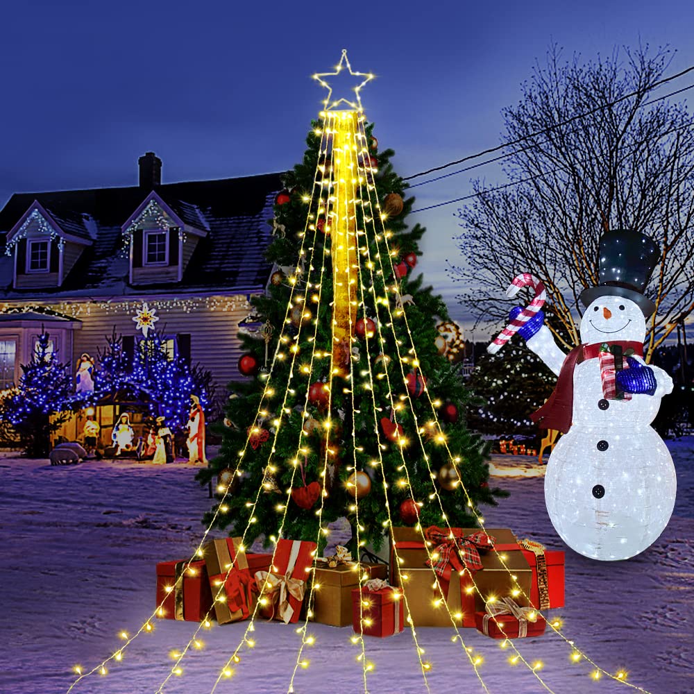 FUNIAO (New) Christmas Decoration Lights, 320 LED Waterfall Christmas Tree Lights with 12" Star Topper, 8 Modes Indoor Outdoor String Lights for Yard, Party, Home, Holiday (Warm White) - Image 3