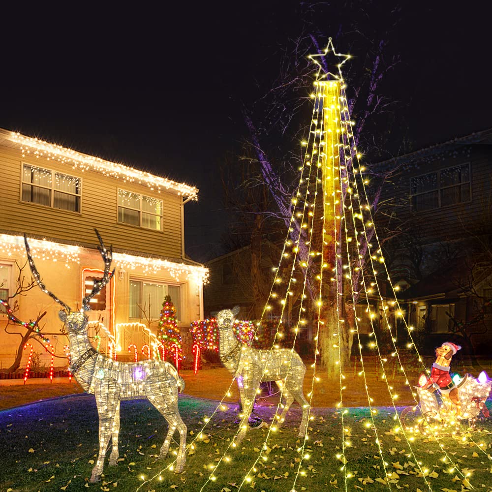 FUNIAO (New) Christmas Decoration Lights, 320 LED Waterfall Christmas Tree Lights with 12" Star Topper, 8 Modes Indoor Outdoor String Lights for Yard, Party, Home, Holiday (Warm White) - Image 4