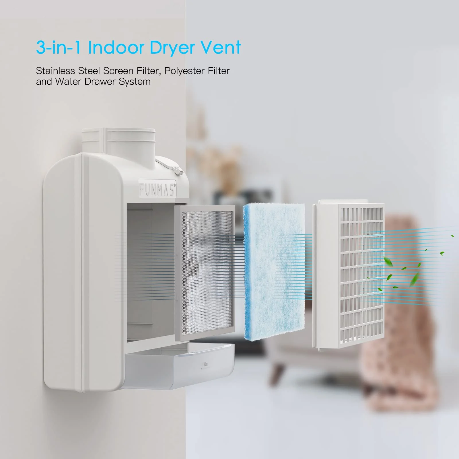FUNMAS 3-in-1 Indoor Dryer Vent, Stainless Steel Screen Filter, Polyester Filter and Water Drawer System, Upgrade Safety Vent Flap, with 4 Pieces Polyester Filters, For Electric Clothes Dryers - Image 3