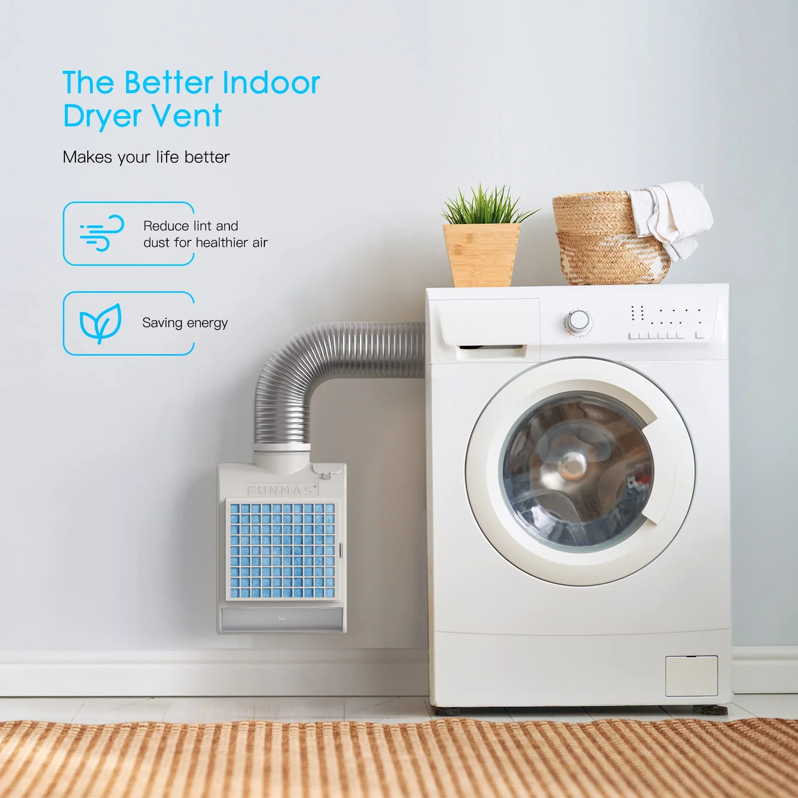 FUNMAS 3-in-1 Indoor Dryer Vent, Stainless Steel Screen Filter, Polyester Filter and Water Drawer System, Upgrade Safety Vent Flap, with 4 Pieces Polyester Filters, For Electric Clothes Dryers - Image 9
