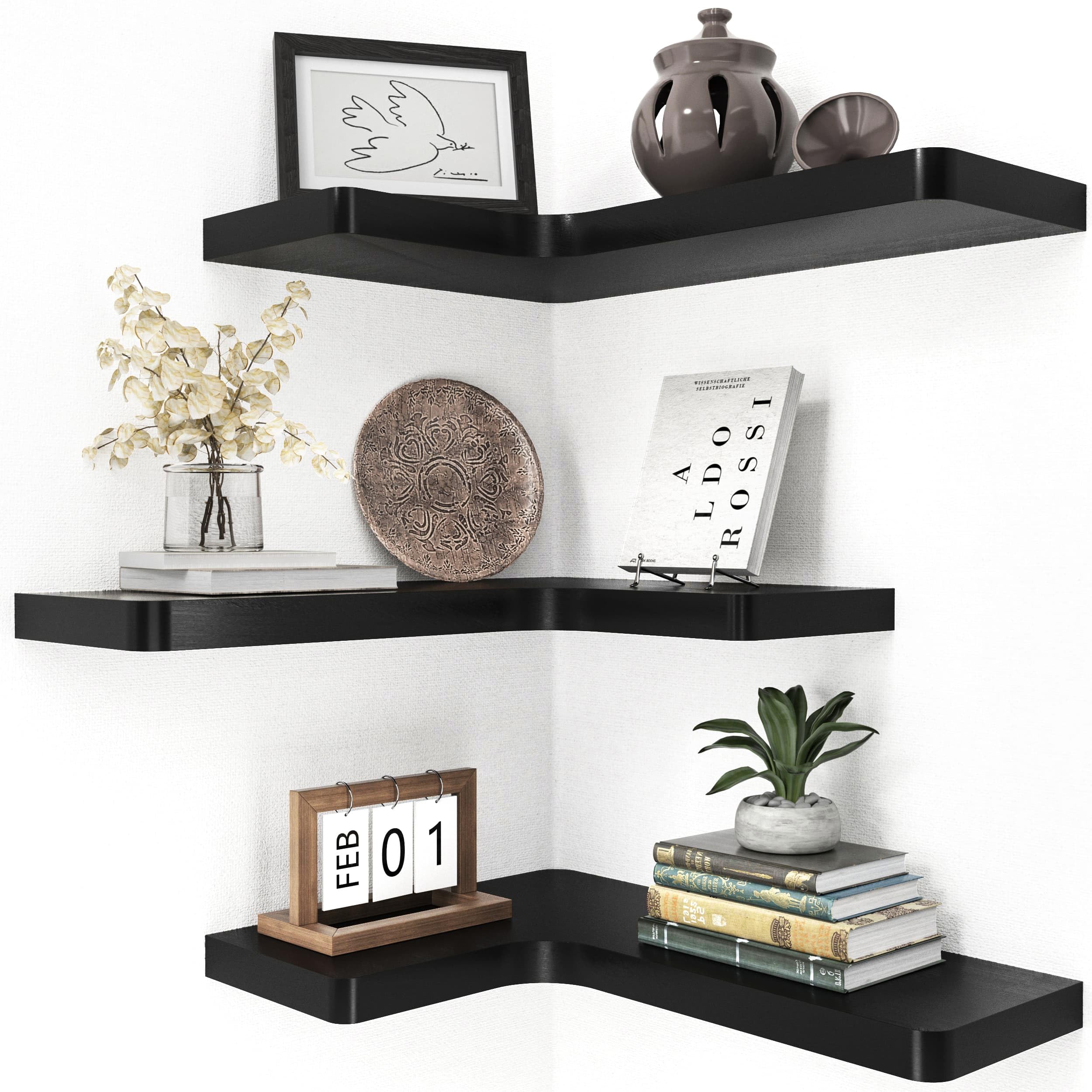 fuqing Corner Floating Shelves for Storage, Set of 3, Solid Wood, Wall Mount Wooden Display Shelf for Bathroom Bedroom Kitchen Garage, Black - Image 2