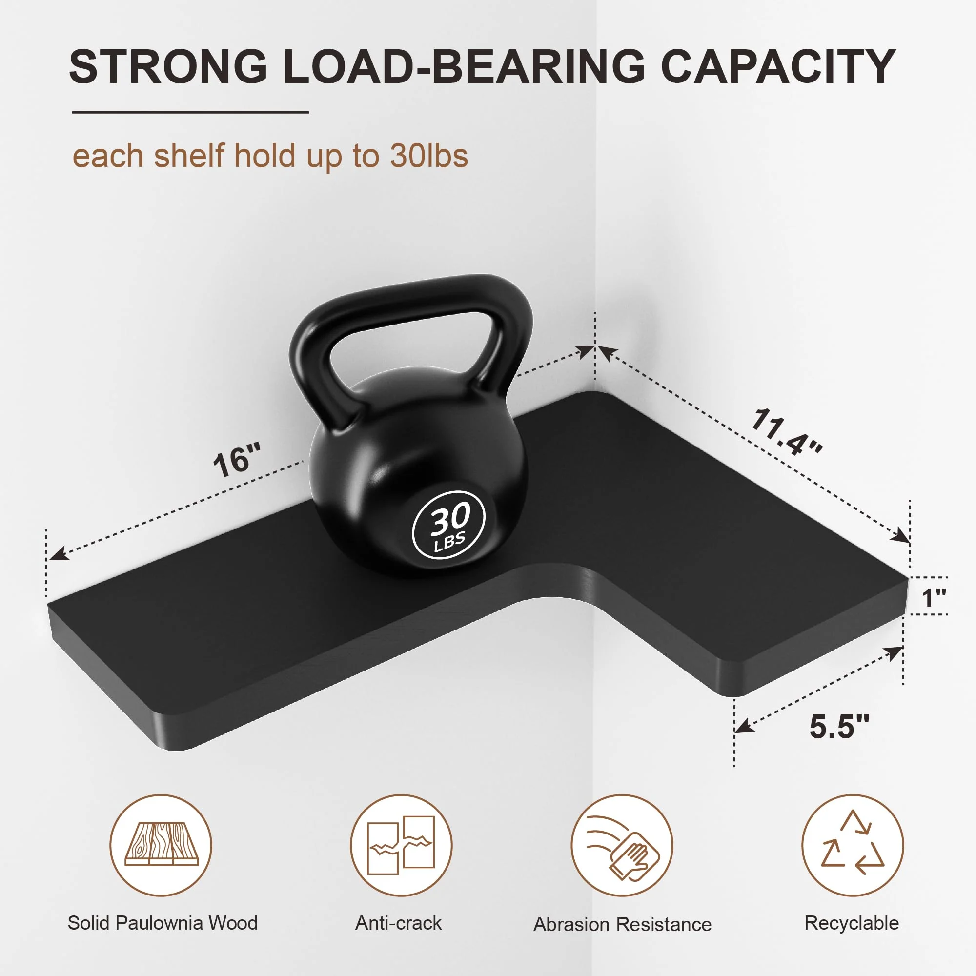 fuqing Corner Floating Shelves for Storage, Set of 3, Solid Wood, Wall Mount Wooden Display Shelf for Bathroom Bedroom Kitchen Garage, Black - Image 4