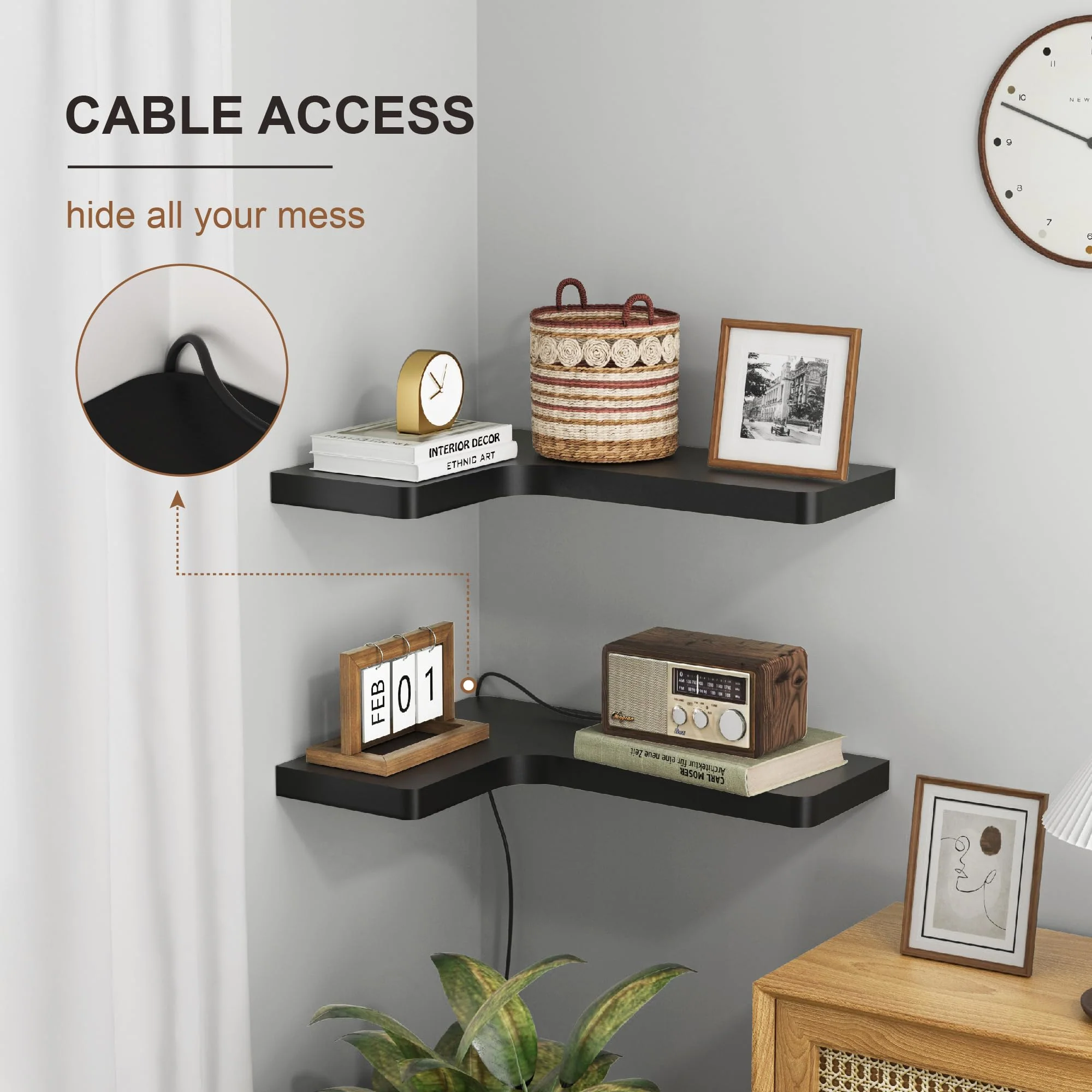 fuqing Corner Floating Shelves for Storage, Set of 3, Solid Wood, Wall Mount Wooden Display Shelf for Bathroom Bedroom Kitchen Garage, Black - Image 5