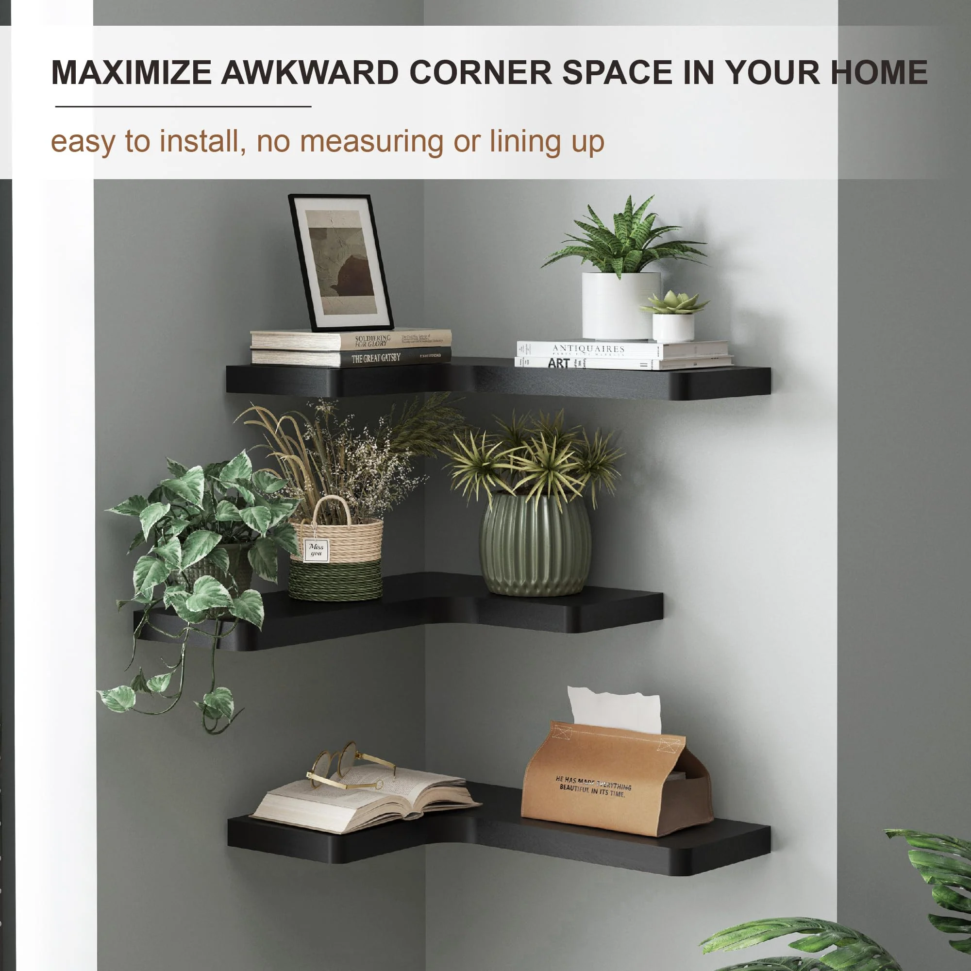 fuqing Corner Floating Shelves for Storage, Set of 3, Solid Wood, Wall Mount Wooden Display Shelf for Bathroom Bedroom Kitchen Garage, Black - Image 6
