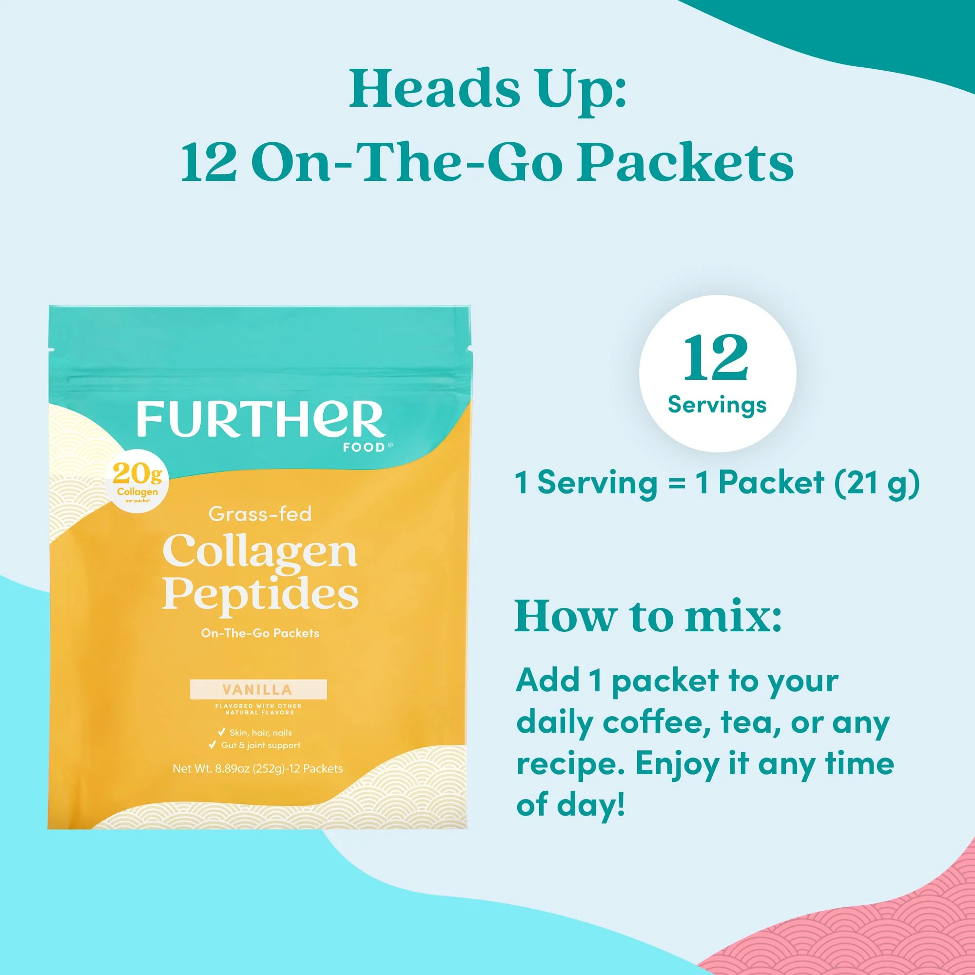 Further Food Vanilla Collagen Peptides Powder with Tremella Mushroom – 100% Grass-Fed, Hydrolyzed Type 1 & 3, 20g of Collagen per Serving, Supports Skin, Hair, Nails & Joints, Stick Packs, 8.89 Oz - Image 3