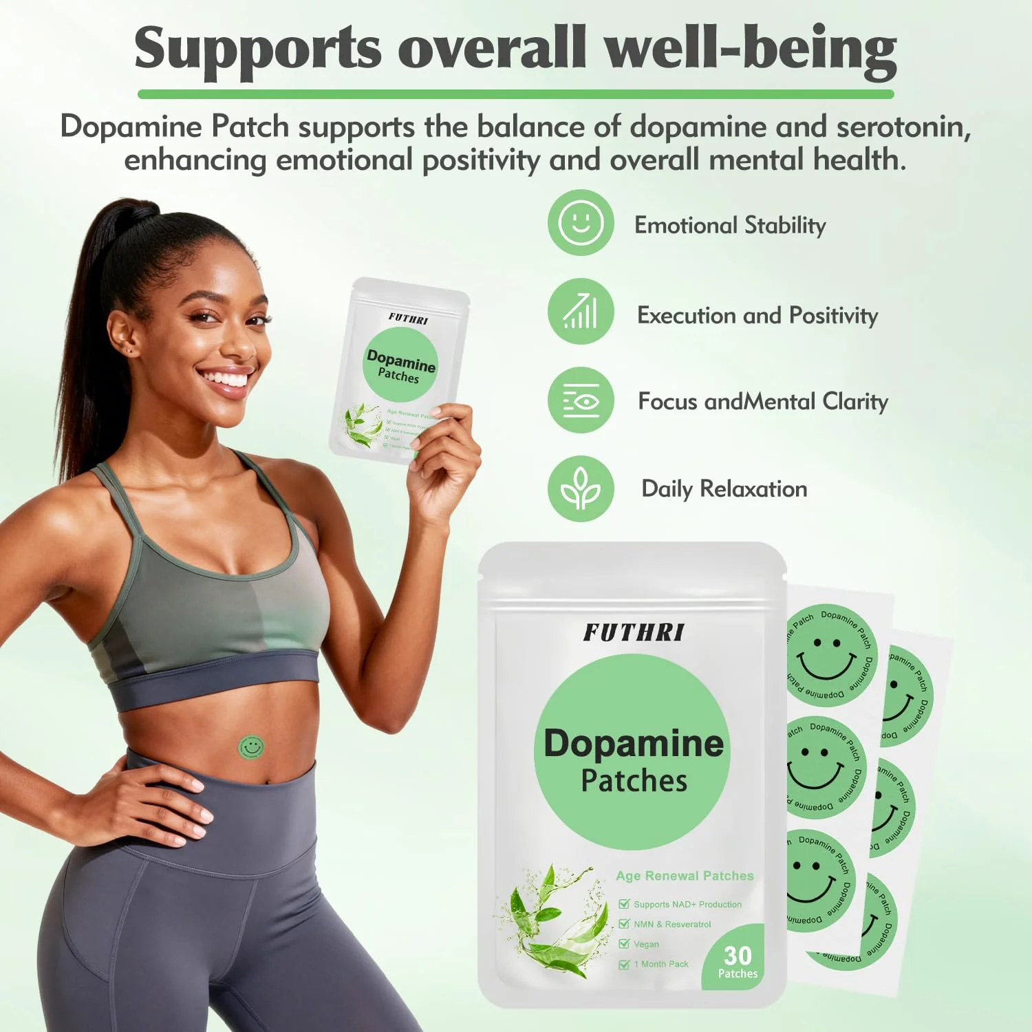 FUTHRI Dopamine Patches,Vegan, 60 Count | Mood Boost & Positivity Support | Mood Support Patches for Daily Mental Wellness, Plant-Based Formula, Supports Dopamine & Serotonin Balance for Women & Men - Image 7