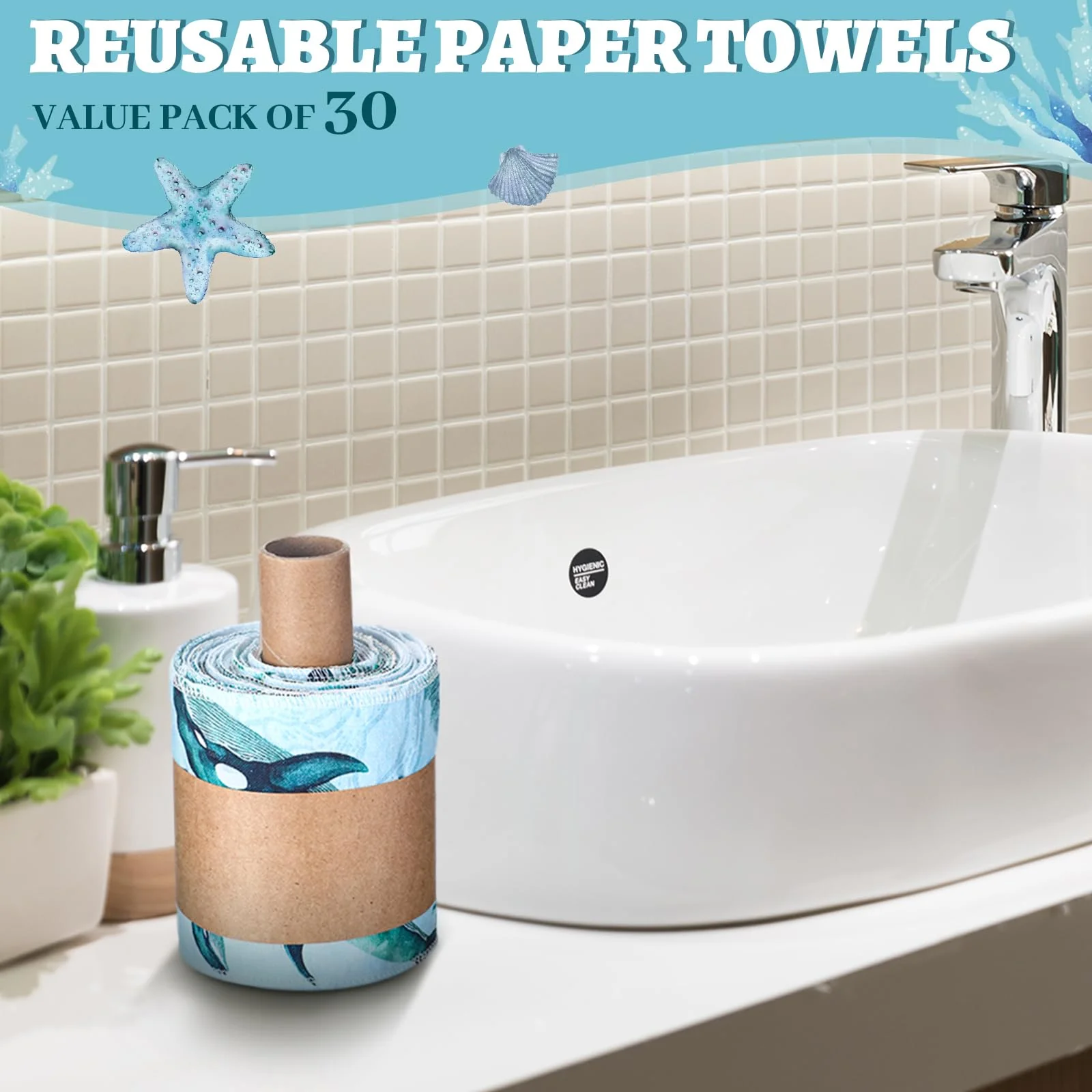 FuWeave 30 Pack Reusable Toilet Paper Washable Soft Bidet Towels Bulk Gifts Paperless Rolls Flannel Cotton 12'' x 4.3" Family Cloth Wipes Bathroom Napkins with Cardboard (Sea) - Image 4