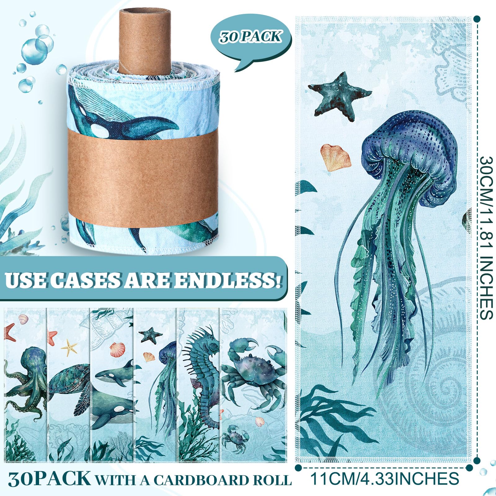 FuWeave 30 Pack Reusable Toilet Paper Washable Soft Bidet Towels Bulk Gifts Paperless Rolls Flannel Cotton 12'' x 4.3" Family Cloth Wipes Bathroom Napkins with Cardboard (Sea) - Image 5