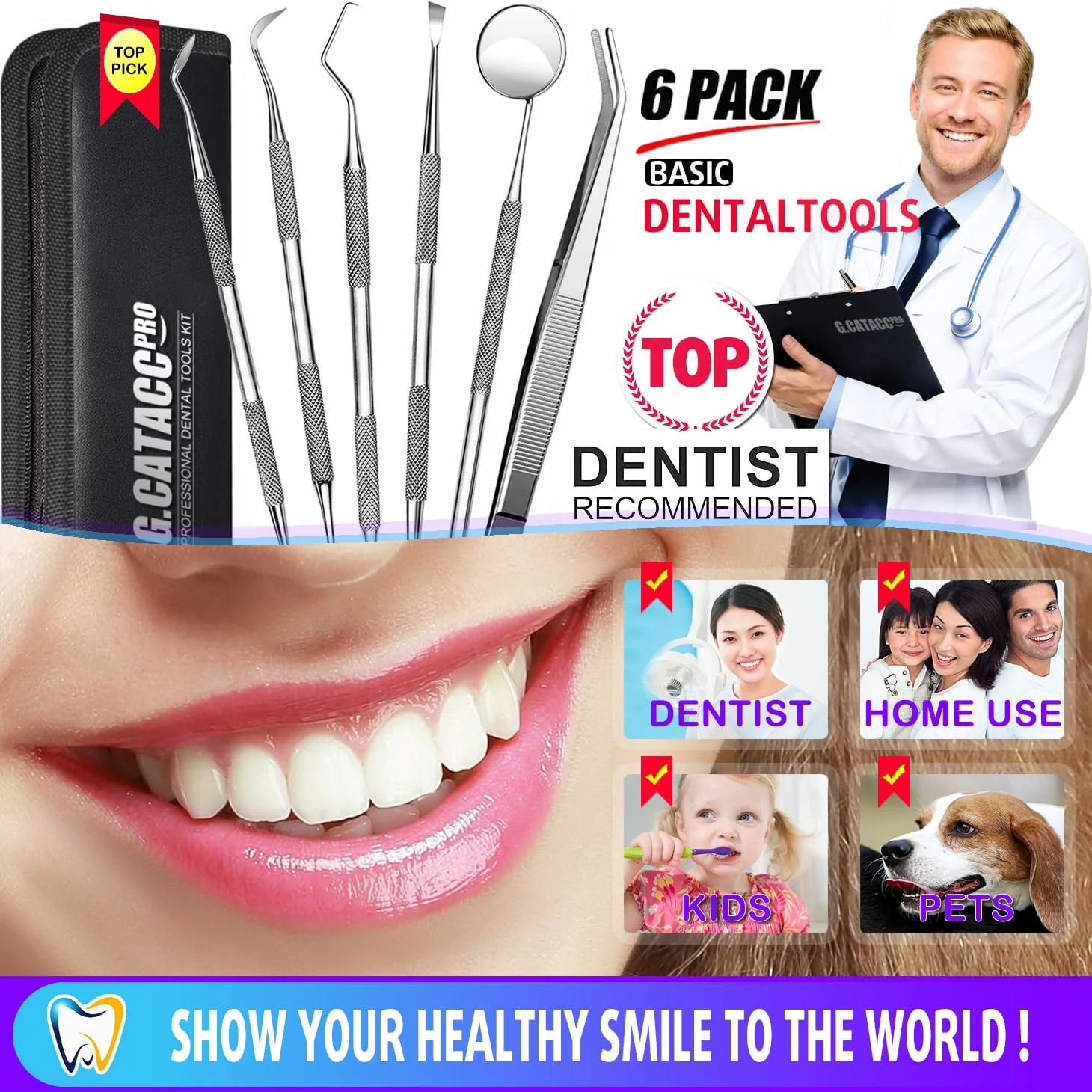 G.CATACC Dental Tools, Dental Pick Teeth Cleaning Tools Hygiene Kit, Plaque Remover for Teeth, Professional Stainless Steel Tooth Scraper Plaque Tartar Cleaner - with Case - Image 3