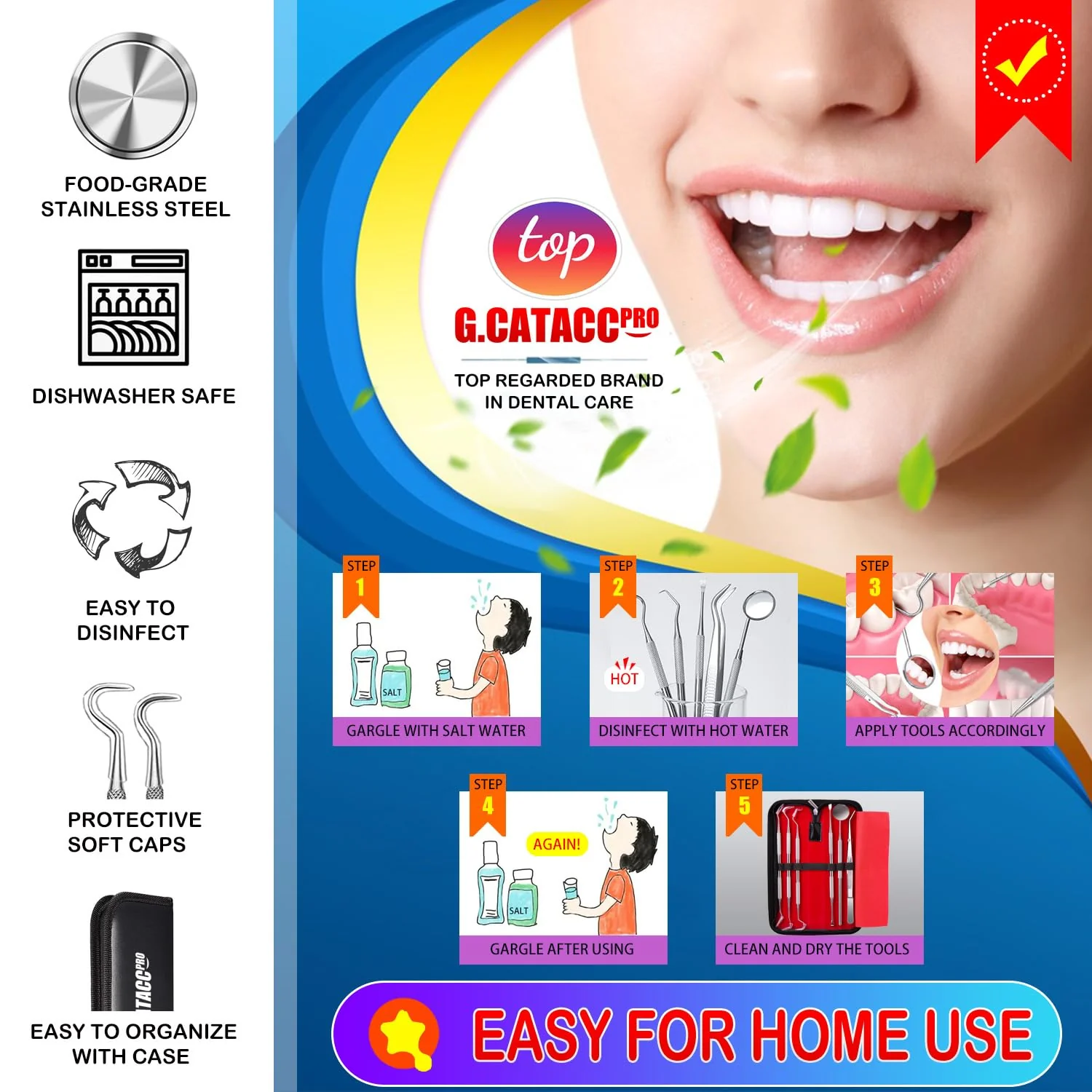 G.CATACC Dental Tools, Dental Pick Teeth Cleaning Tools Hygiene Kit, Plaque Remover for Teeth, Professional Stainless Steel Tooth Scraper Plaque Tartar Cleaner - with Case - Image 5