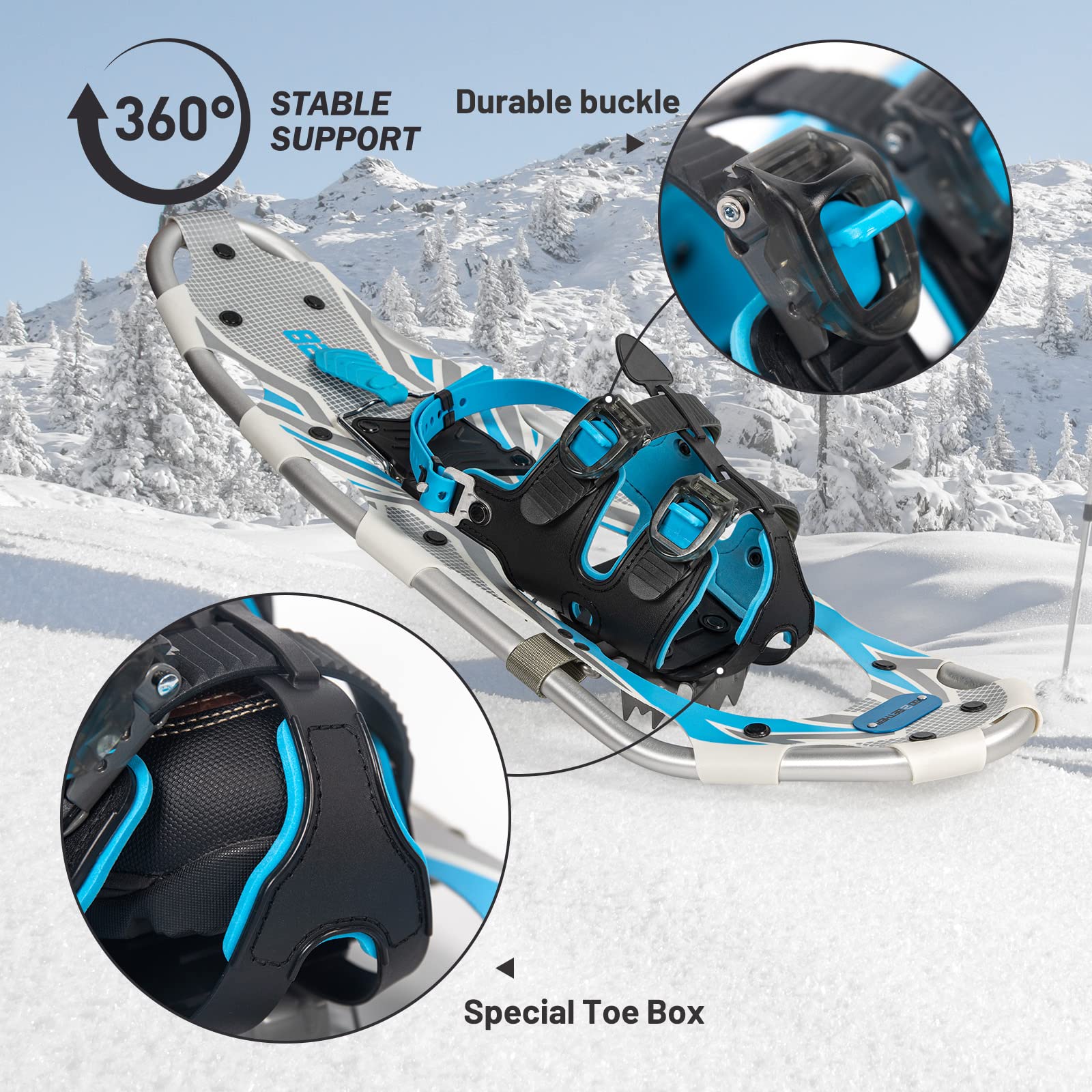 G2 21 Inches Blue Light Weight Snowshoes for Women Men Youth, Set with Trekking Poles, Tote Bag, Special EVA Padded Ratchet Binding, Heel Lift, Toe Box - Image 2