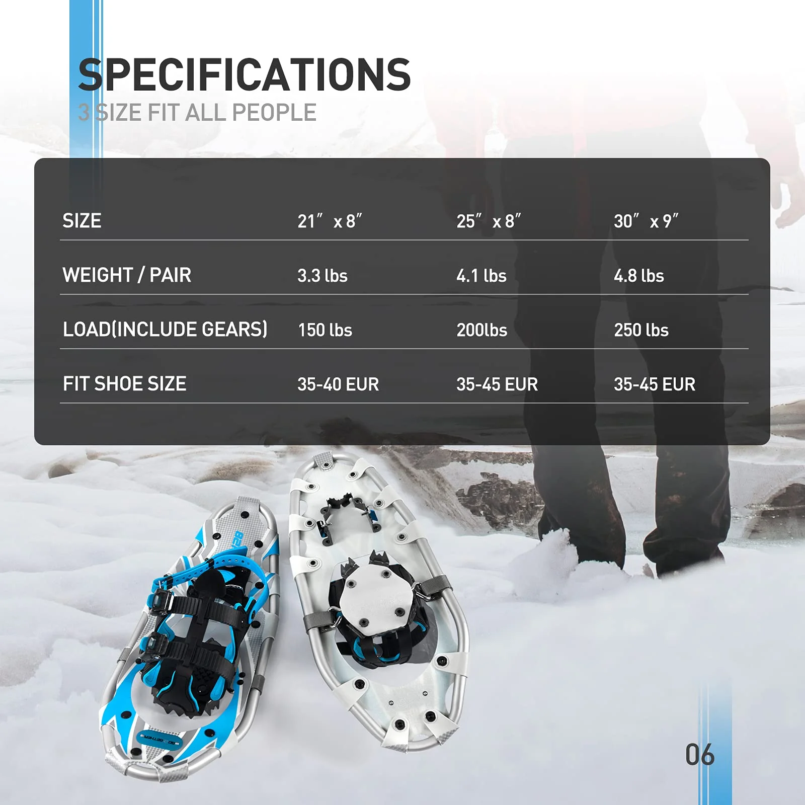 G2 21 Inches Blue Light Weight Snowshoes for Women Men Youth, Set with Trekking Poles, Tote Bag, Special EVA Padded Ratchet Binding, Heel Lift, Toe Box - Image 6