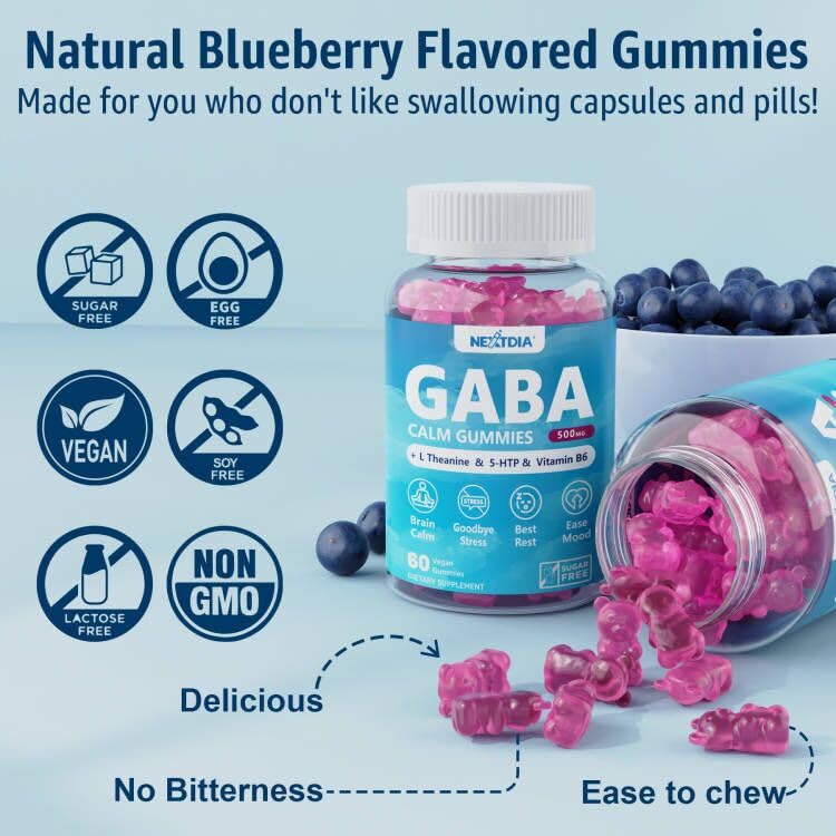 GABA Gummies 500 mg - Sugar-Free Calm Gummies with L Theanine, 5-HTP, Vitamins D3, B12, Ashwagandha, Melatonin-Free for Brain Calm, Mood, Zzz Better, GABA Supplement for Adult, Blueberry Flavor, Vegan - Image 4