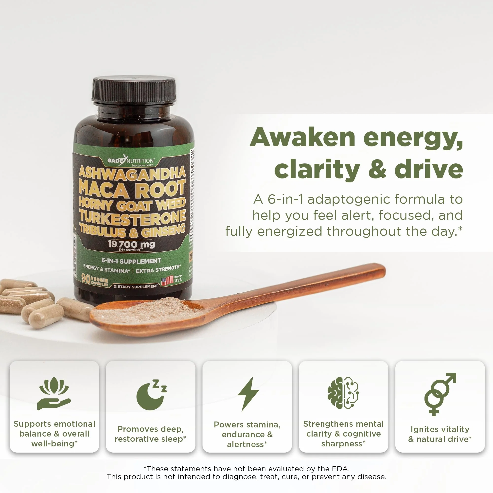 Gade Nutrition Ashwagandha with Maca Root, Horny Goat Weed, Turkesterone Supplement, Tribulus Terrestris, Panax Ginseng | 90 Vegetable Capsules for Energy, Stamina, Performance. | Made in USA - Image 9