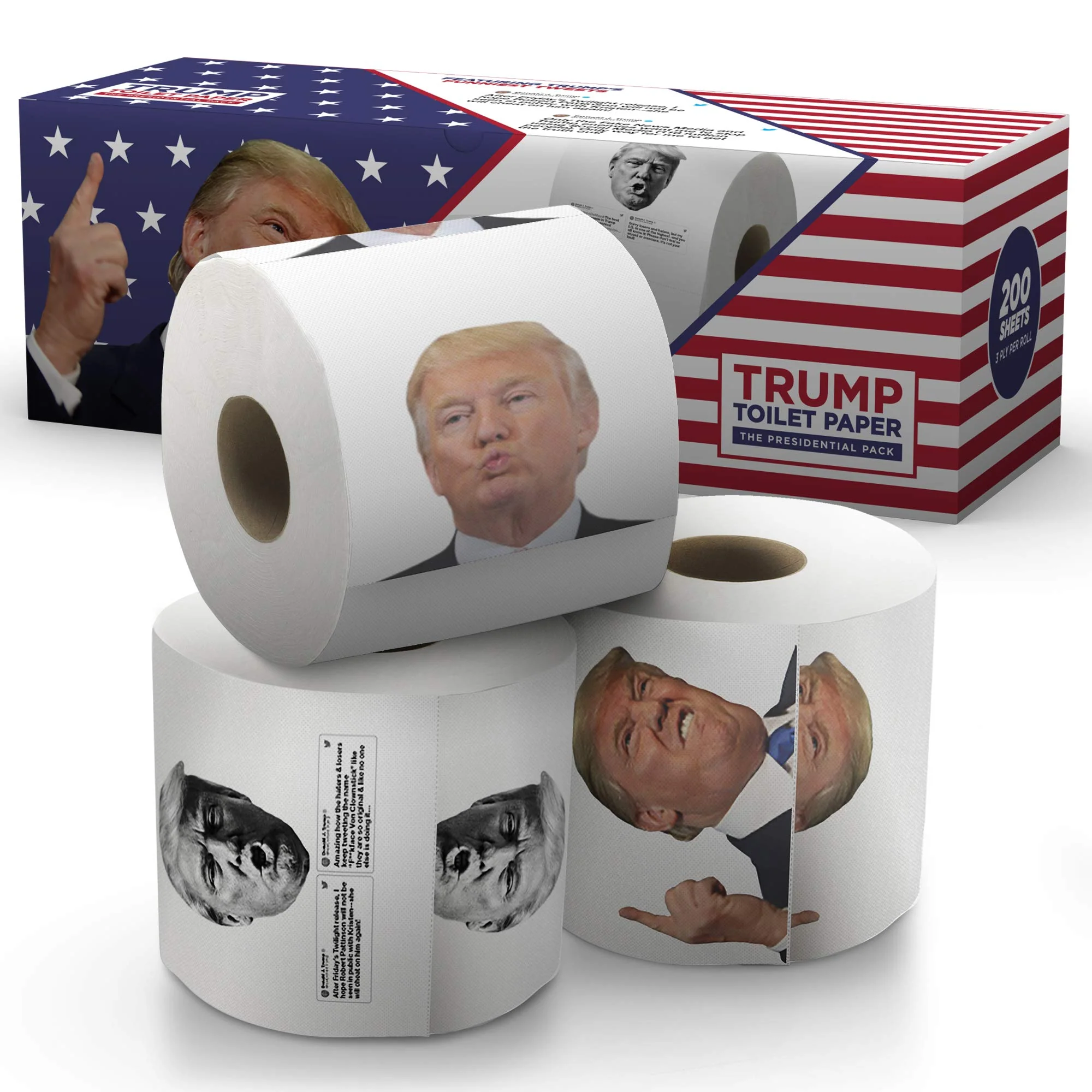 Gagster Donald Trump Toilet Paper - 3 Ply Funny Novelty Gag, 200 Sheets, Prank Gift Pack (2 Rolls Trump Images, 1 Roll Funniest Tweets) 3-pack - Image 2