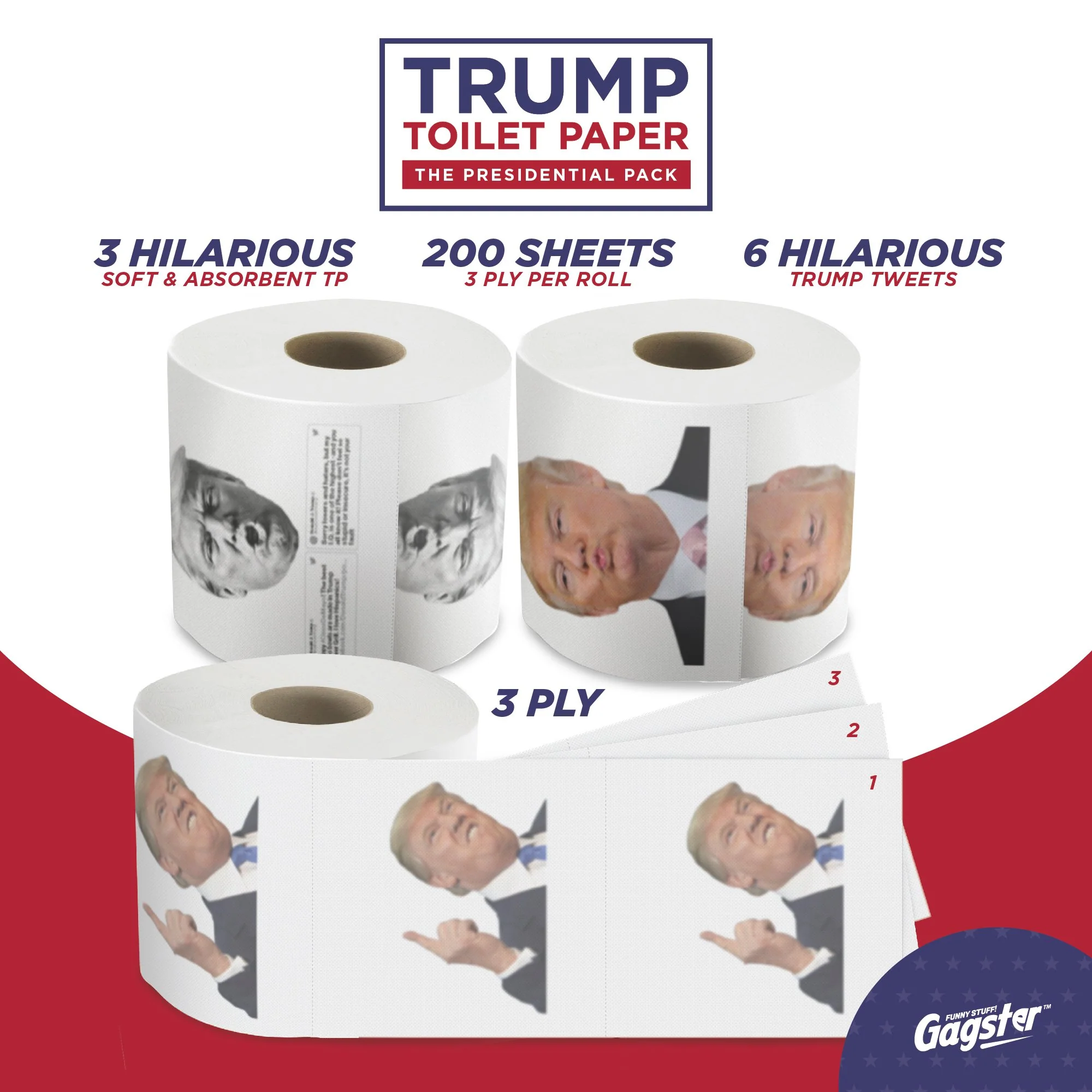 Gagster Donald Trump Toilet Paper - 3 Ply Funny Novelty Gag, 200 Sheets, Prank Gift Pack (2 Rolls Trump Images, 1 Roll Funniest Tweets) 3-pack - Image 7
